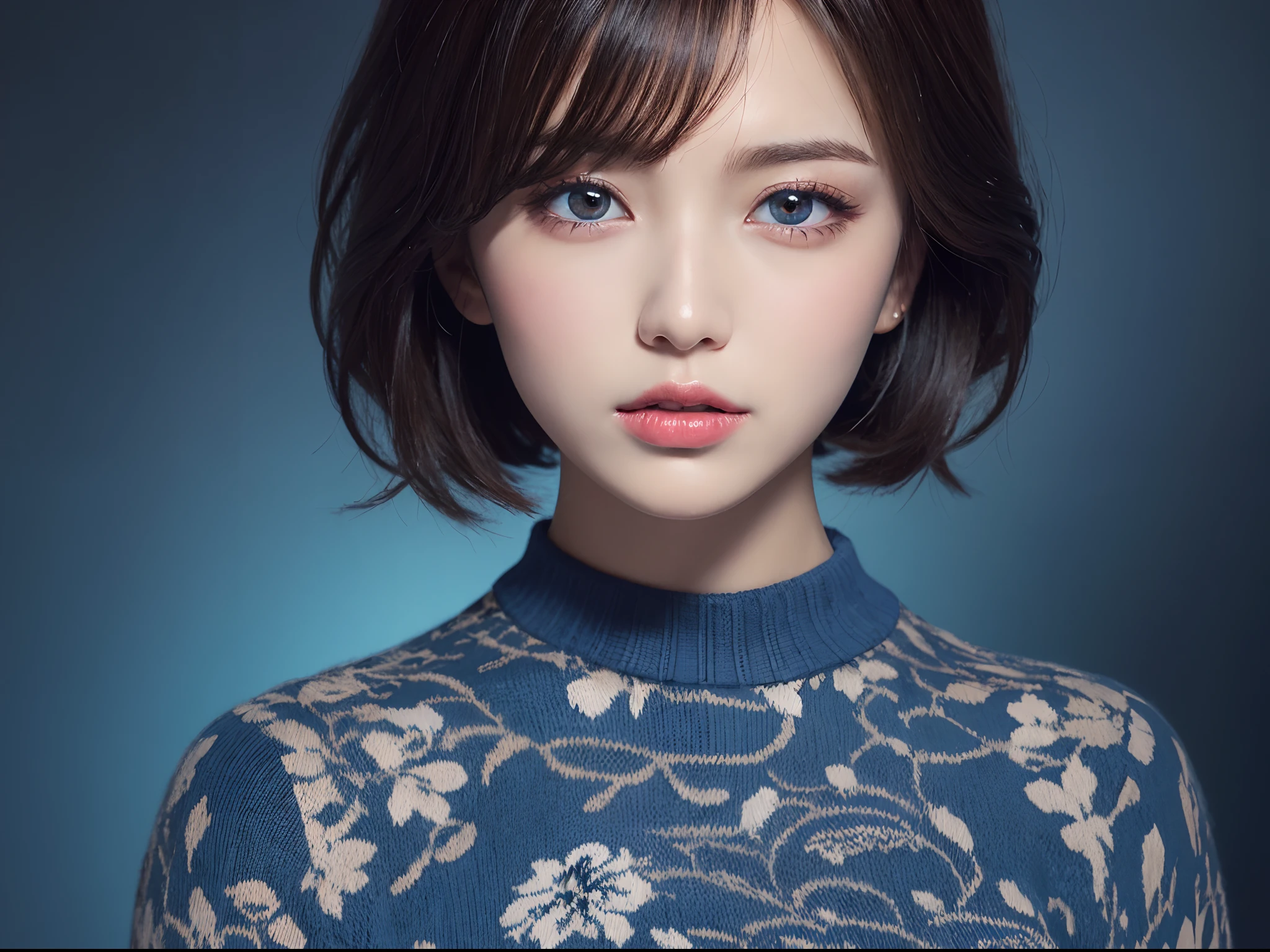 masutepiece, Best Quality, (1womanl), Ultra-detailed, finely detail, hight resolution, 8K picture quality, Perfect dynamic composition, Beautiful detailed eyes, Natural Lip, Dark blue floral knitted dress, extra very short hair, Abstract background, bashfulness