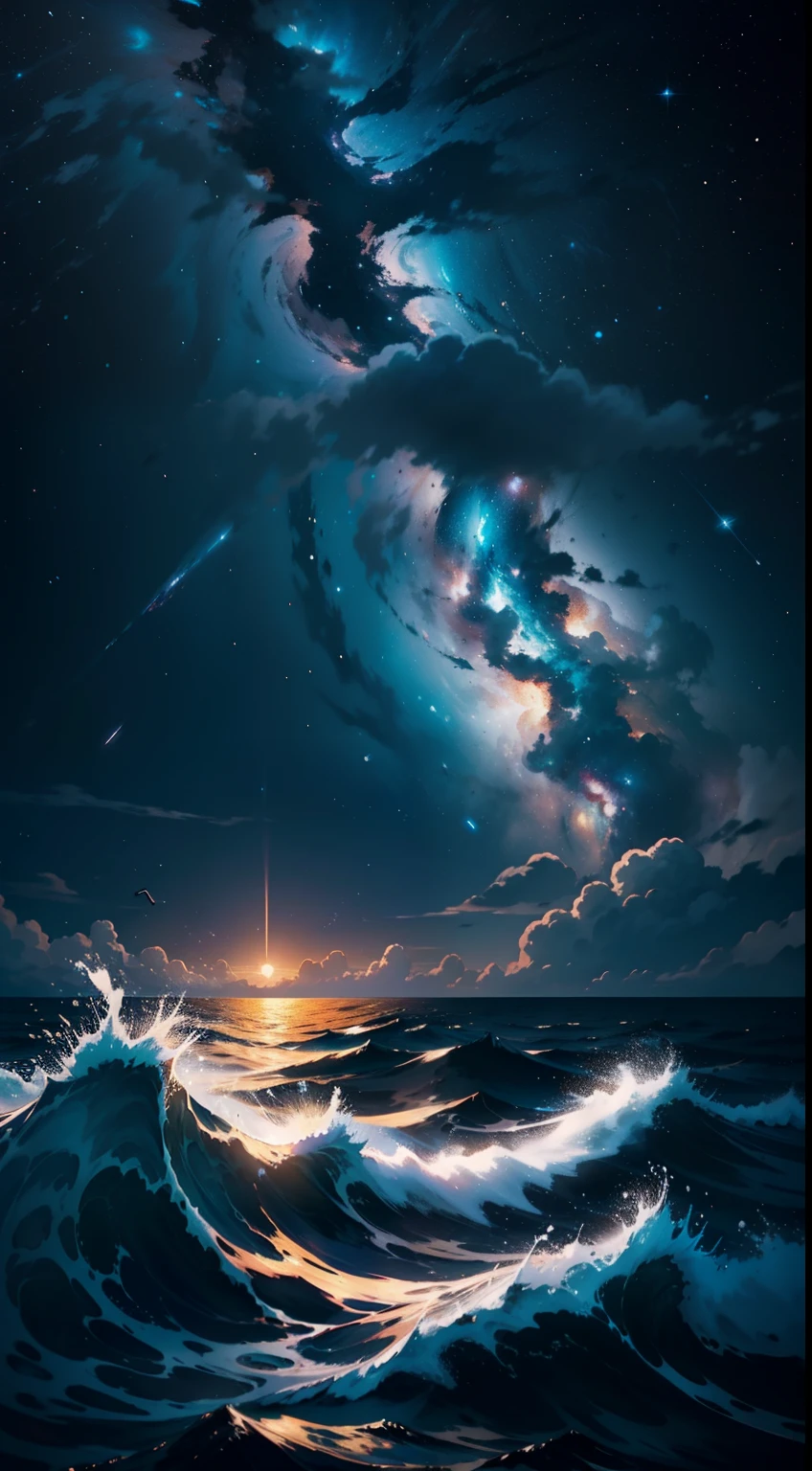 1 Navio antigo em primeiro plano no mar, ondas, Impacto visual, sky with the Milky Way and white clouds, exquisite composition, graphic illustration, dramatic light