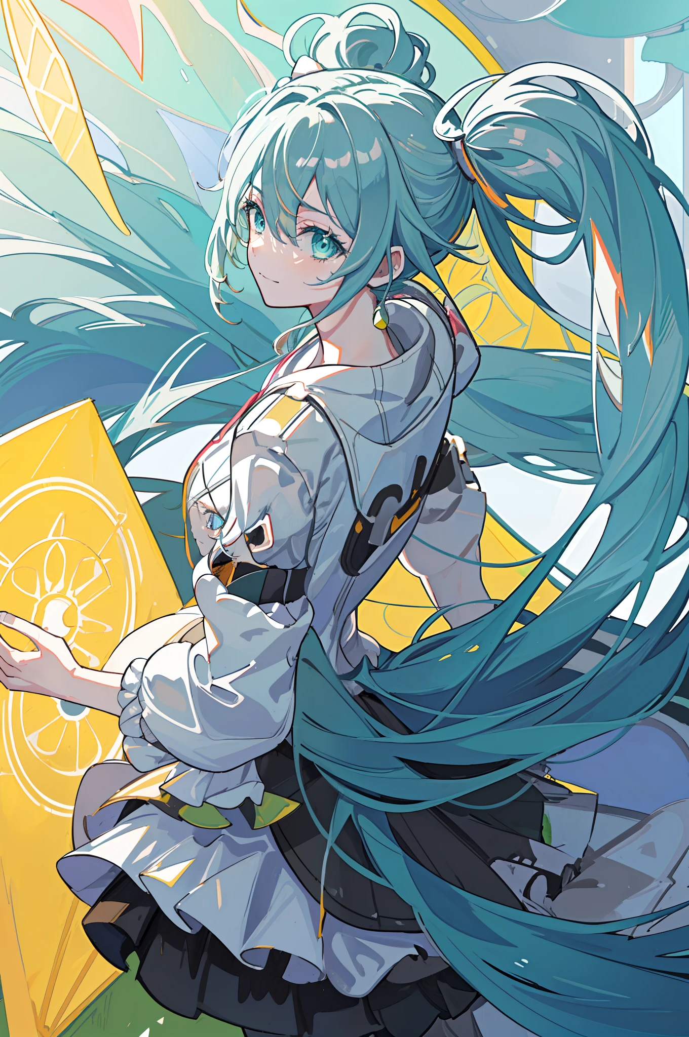 miku hatsune(Top image quality),(The work of the master),(ultra-detailliert),(Detailed depiction of the eyes:1.0),(lensflare:1.0),(Cinematic poster:1.0),(Tarot Border:1.0),Character Center,(a closeup:1.0),(negative space:0.8),(negative space:1.6),(独奏),(a colorful{the wind|water magic|inky|crystalline|icy|firey|loimu|Lightning|netting|boulders|Grit|Particle|brilliance|Bloods}:1.0),(Many colorful{Soap bubbles|clouds|thorn|spikes|vine|electric current|spiral|The halo|cube|octahedron}:1.0),(Planktonic{reddish|verdant|Green grass|Eau|Viola|yellow|A black|blanche|greys|pink there|an orange|lime} {bow ribbon|Particle|edg|The drops|Snowflake|softball}:1.0),({crystalline|icy|firey|loimu|the wind|Eau|planet earth|stony|spaces|musical|sonic|swirls} {Magic}:1.0), ({Ray traching,Glowering|Mottled sunbeams,llight rays,Caustics|mistic,eery|Carefree,pastels}:1.2), ({Colorful|Irridescent color|multi colored}:1.0),(beautiful detailed brilliance:1.0),({Slouched|back-view|tilted to the side|}:1.2),{ (A smile:1.0)|(a smirk:1.0)|(grim facial expression:1.0)},({Has a small|Has a small||s lips、Eye lashes}:1.0),{grinning evily|:1.2},({Eyelashes|eyeshadows||}),{Close one eye|||},({Red|Green|Blue|aqua|Purple|yellow|Black|white|greys|orange|lime} hair:1.4 ),({Short|long} ),({frombelow|From above|From Side|from the rear|front viewer}:1.3),(aureola:1.3),(tilt of the head:1.0),(dynamicposes:1.1),(Asymmetrical hair:1.2),({reddish|verdant|Green grass|Eau|Viola|yellow|A black|blanche|greys|pink there|an orange|lime} {|doress|outfits}:1.0),({Formal|Military|tech wear|Urban style|casual,dressed casually|Fantasy,magician|Sauvage,tribal|scientific fiction,Futuristic,Watches,time,}),({plaid skirts|layered skirts|Puffy dress|tights|trouser|shortpants}),({reddish|verdant|Green grass|Eau|Viola|yellow|A black|blanche|greys|pink there|an orange|lime} {The eye|The eye|collofull eyes}:1.4),{(brow:1.5),asymmetrical bangs|oblique bangs|hair between eye|bluntbangs|swept bangs},{Blindfold|Twin-tailed|||