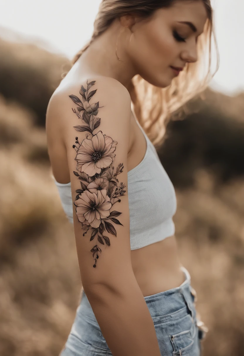 Design a sophisticated and intricate flower tattoo in artistic style for the middle of the journey. The tattoo should mix the delicate beauty of the flowers with elements of classical art, como linhas detalhadas, sombreamento e, possivelmente, incorporar elementos como pinceladas ou efeitos de aquarela. The final design should represent the concept of 'halfway' in a symbolic way, usando as flores como motivo central para transmitir a ideia de crescimento, Transformation and balance during the life journey.