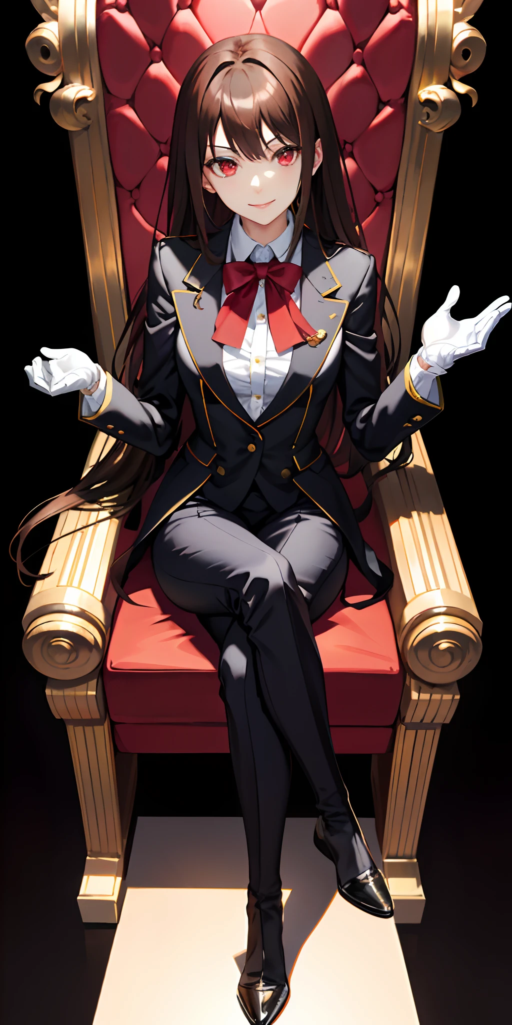 (masutepiece), Expressive eyes, Perfect face, Correct human body,Correct fingers，Correct foot，1人の女性, Seductive smile,Brown hair，Longhaire，Red Eyes， Wearing a trouser suit，Wearing white gloves，Sitting on the Red Throne((crossed legs)), nice thigs，directly in front，black backgrounds，Illuminated from above