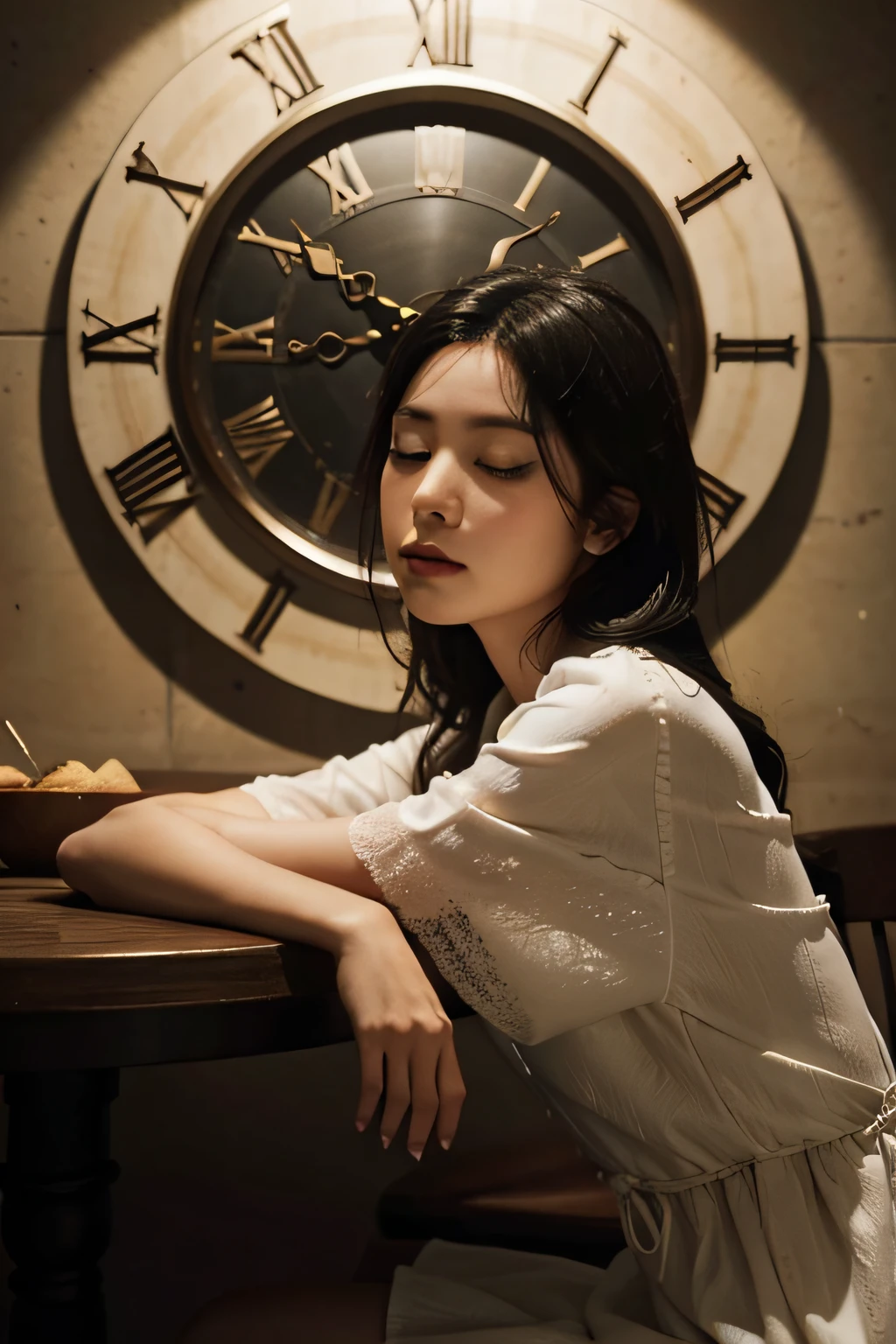 Has a pendulum clock、Contemplative girl in retro coffee shop with stucco wall、Black hair, longeyelashes, Solid Circle Eyes, hair over shoulder, Half-closed eyes、,Pensive, Atmospheric perspective, Northern Renaissance, reflective light, 8K, Super Detail, ccurate, Best Quality, Anatomically correct, Textured skin, High Details
Negative Prompt