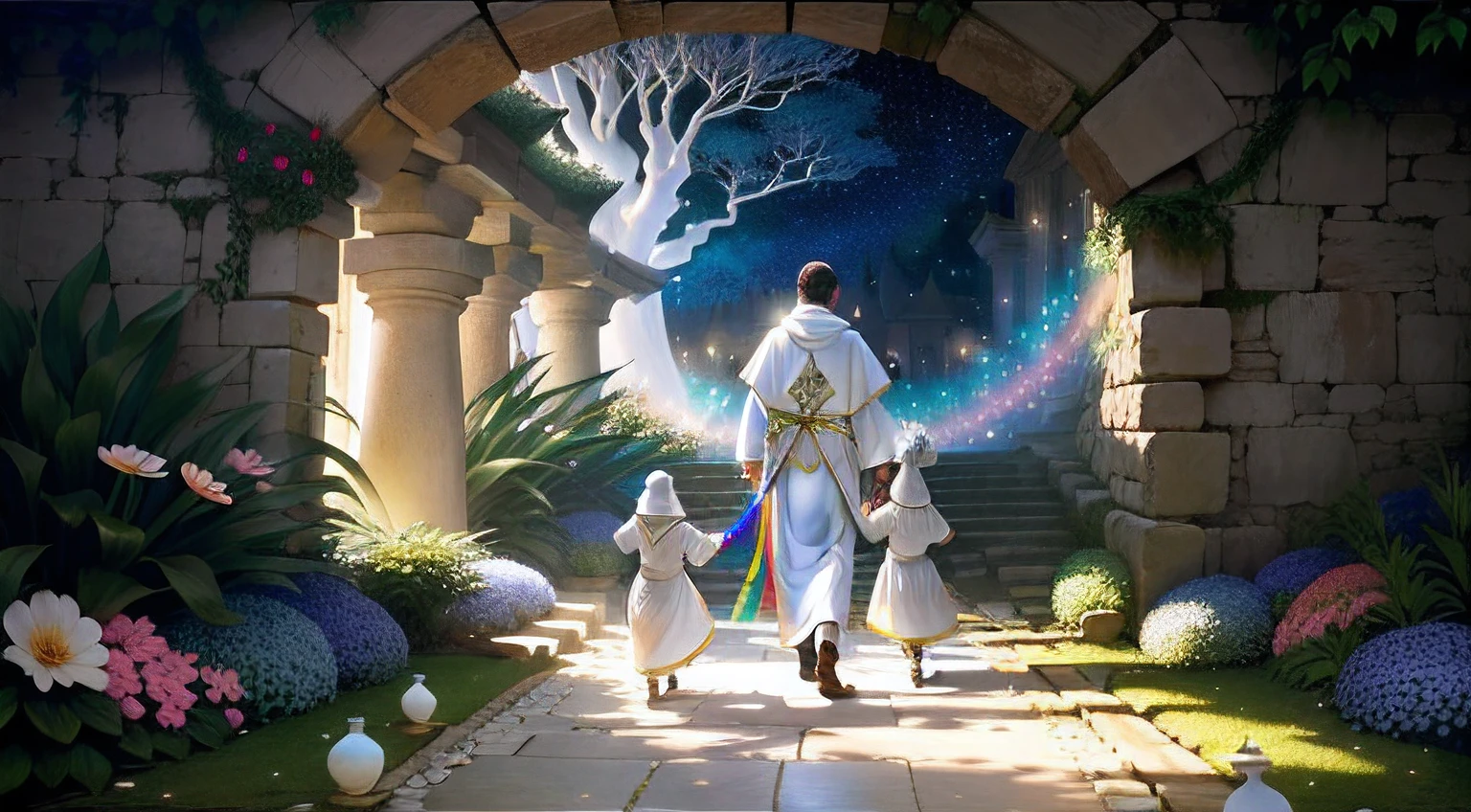 jardim encantado, Luz, Rainbow, Estrelas, Man dressed in a white robe among children dressed in white around him, natureza exuberante, fantastic beasts, pedras preciosas, piquenique, 4k, cinemactic, 8fps, enchanted garden, light, rainbow, stars, man dressed in a white tunic among children dressed in white around him, lush nature, fantastic animals, precious stones, picnic, 4k, cinematic