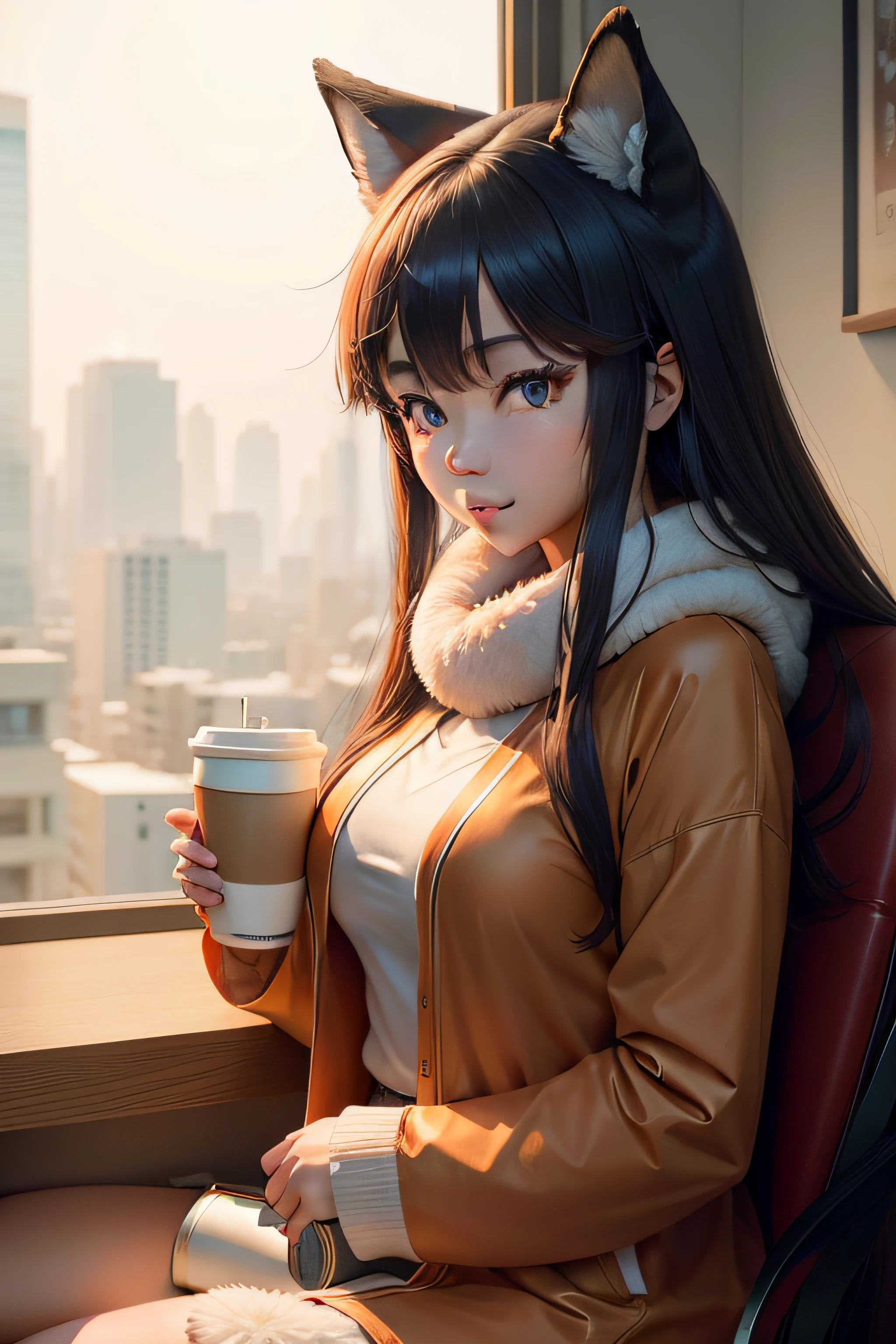 ((Kazuko Morena)), blue eyes, wearing a red fox furry outfit, looking to the right of the camera, holding a large cup of coffee, cinematic anime, high quality