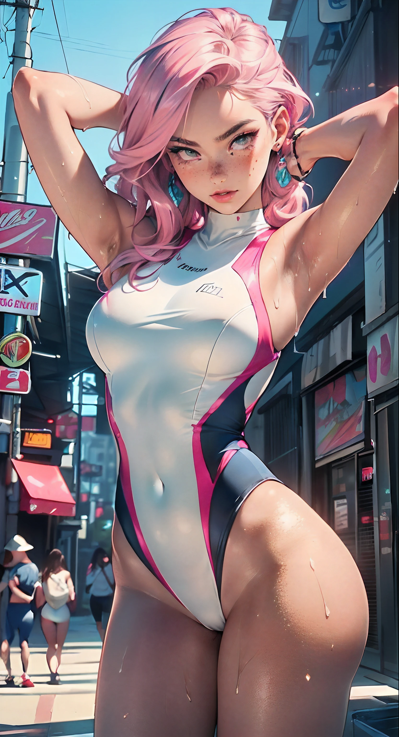 sporty girl,(((1girl))),((girl with bubblegum pink hair and freckles,extremely cute and gorgeous)),
(large breasts:1.4),saggy breasts,(((bubblegum pink hair:1.35,straight hair,long hair:1.4,colored inner hair,ear breathing))),((heterochromia:1.5,eye1 pink,eye2 azul,perfect eyes,upturned eyes:1.3,beautiful detailed eyes,finely detailed beautiful eyes:1,big highlight on eyes:1.2,slanted eyes)),((fat)),(((freckles on the face,freckles,freckled girl))),(((lustrous skin:1.5,bright skin: 1.5,skin tanned,shiny skin,very shiny skin,shiny body,plastic glitter skin,exaggerated shiny skin,illuminated skin, wet legs))),(spider lower abdomen,narrow waist,wide hip,athletic body,inflated legs,delicate detailed fingers,detailed body,human hands,(detailed face)),
cute,slutty,seductive,erotic,(((nsfw))),
((one-piece_swimsuit white , pink accents, wearing a one-piece_swimsuit outfit:1.3, white swimsuit:1.3)),((wet clothes,detailed outfit,detailed clothes)),
(dynamic pose:1.0),embarrassed,(centered,scale to fit dimensions,Rule of thirds),
cyberpunk city by the ocean at night, with bright neon signs and dark stormy clouds and puddles,
High resolution, sharp focus, (ultra detailed, extremely detailed), (photorealistic artwork:1.37), 8k wallpaper,((synthwave background theme)),(((vibrant colors,))),(intricate),masterpiece,(best quality),synthwave neon colors,