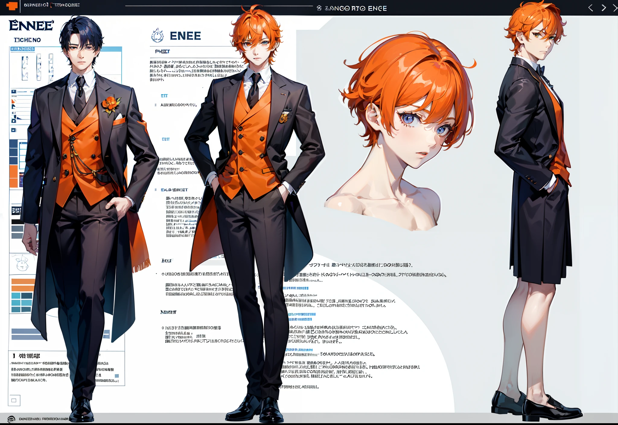 1st grade, only one, Asian boy, refer ence sheet, design de personagens, frontal angle, Side angle, Rear angle, dinamic poses, Homem alto, (master part:1.2), (best quality:1.3), traje de fantasia, corpo muscular, corpo atletico. (olhos alaranjados), (cabelos longos), (franja longa), (orange hair), (pale skin), (refer ence sheet:1.5)