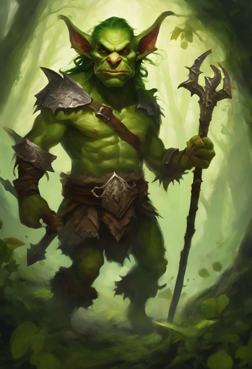 (best quality,4k,8k,highres,masterpiece:1.2), ultra-detailed, realistic:1.37, green-skinned goblin beastmaster with vibrant and realistic features, standing in a lush forest. The goblin is wearing intricately detailed special furs, which beautifully accentuate its wild and savage appearance. Its eyes glow with an intense and sinister green light, adding to the eerie atmosphere. The goblin holds a sharp and menacing shortsword in one hand, showing its skill as a formidable warrior. In the other hand, it tightly grips the chained leash of a fearsome direwolf, conveying a sense of control over the mighty beast. The forest around the goblin is filled with enchanting and exotic flora, emphasizing the magical nature of its surroundings. Sunlight filters through the dense canopy, casting dramatic shadows on the forest floor. The color palette is rich and vibrant, with deep greens and earthy tones dominating the scene. The lighting is carefully crafted to highlight the goblin's features and create a striking contrast between light and shadow. The overall image exudes a primal and untamed energy, capturing the power and mystique of the green-skinned goblin beastmaster and its faithful companion.