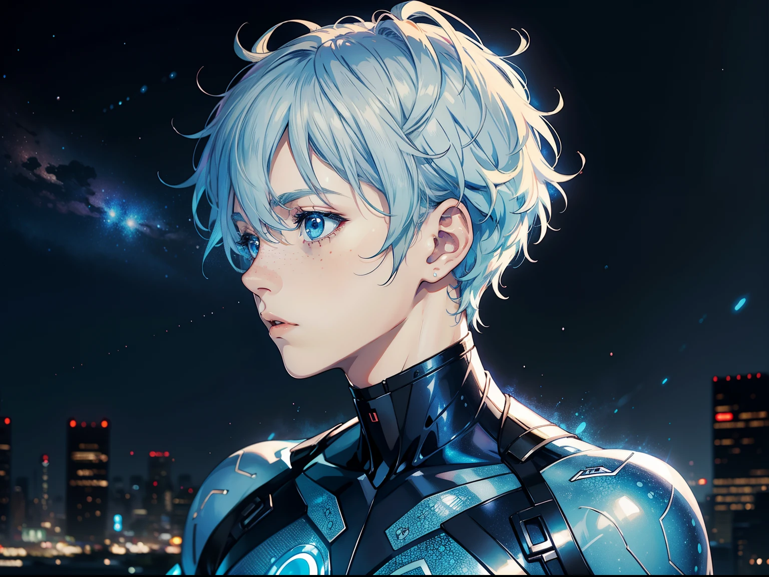 pale man with cute blue eyes, curly pale blue hair, male, starry freckles, anime style, close-up, side view, side profile, 4k image, holographic suit outfit, city background