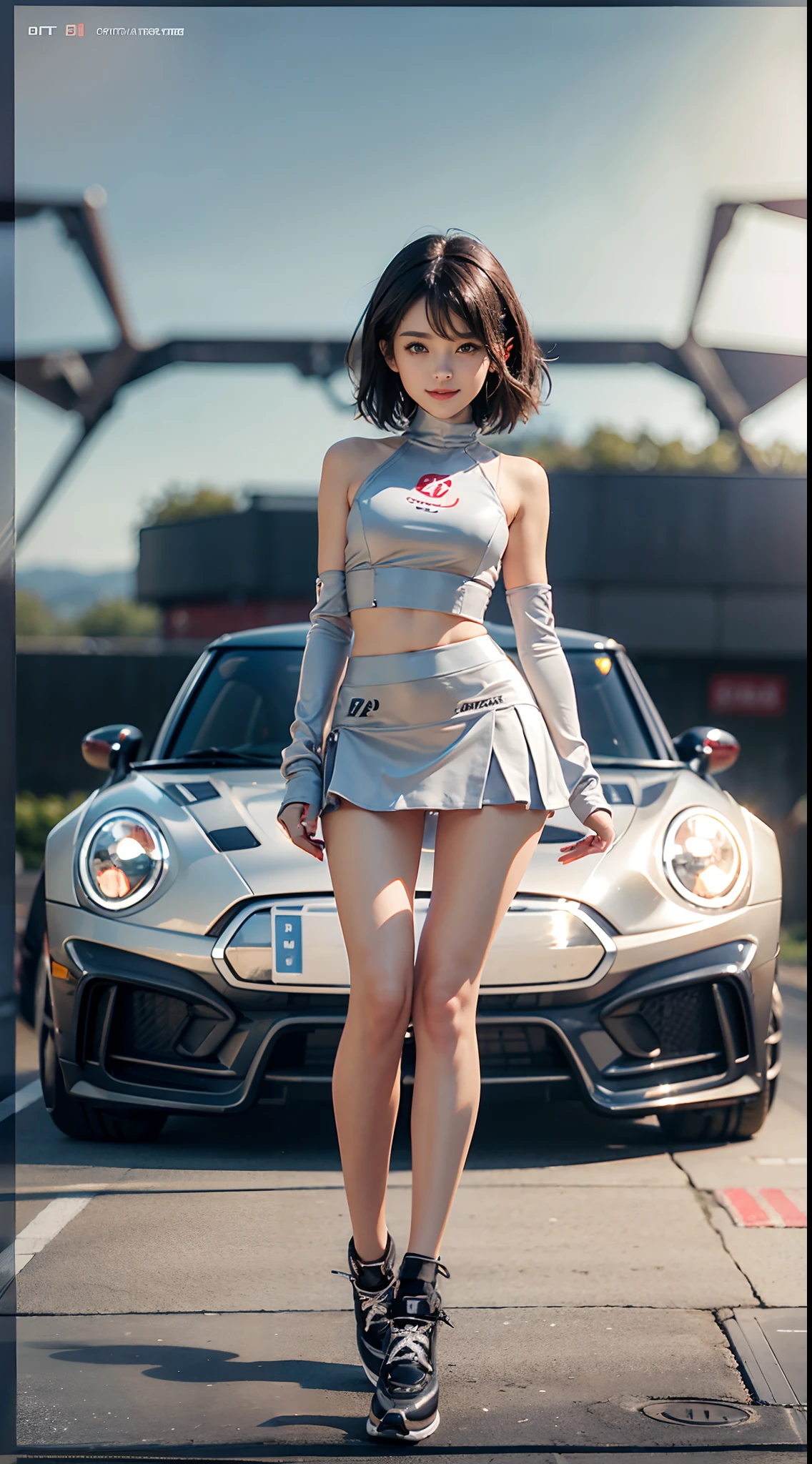 (NSFW), 1womanl, Solo, 24 year old, 7headed body, (cute face), (Ideal ratio body proportions), Circuit field, Stand in front of a sports car, Race Queen, Looks Back, ((Ultra mini skirt)), ((panties focus)), (((emphasis on the buttocks))), Wet, Clothes are see-through, Smiling smile, long , de pele branca, small tits, A slender, Dark hair, short-hair, beauty legs, Small buttocks, Skinny Legs, surrealism, Cinematic lighting, depth of fields, One-person viewpoint, F/1.8, 135 mm, nffsw, masutepiece, ccurate, Anatomically correct, Textured skin, Super Detail, high details, High quality, awardwinning, Best Quality, hight resolution, 8K