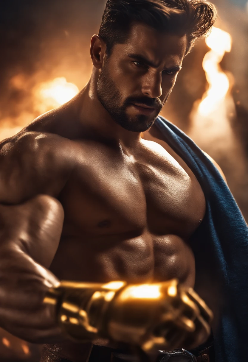 super high resolution, best quality, photo, 8k, (photorealistic: 1.2), cinematic lighting, abdominal muscles, masculine, dark, masterpiece, best quality, intricate details, night time, damaged city thats on fire, 3D light, HD, detailed face, depth of field, soft lighting, tone mapped, highly detailed, concept art, smooth, sharp focus, dramatic lighting, highly detailed art, cinematic, 8K, amazing shadows (highly detailed background: 1.2), super hero, long dark messy hair, shirtless, bulletproof, bullets rickashaying off him, hairy, super stong, bullets flying, ready to fight, fighting pose, glowing blue lights on his wrist bans, outside, rickasha, yellow glowing eyes, time traveler,