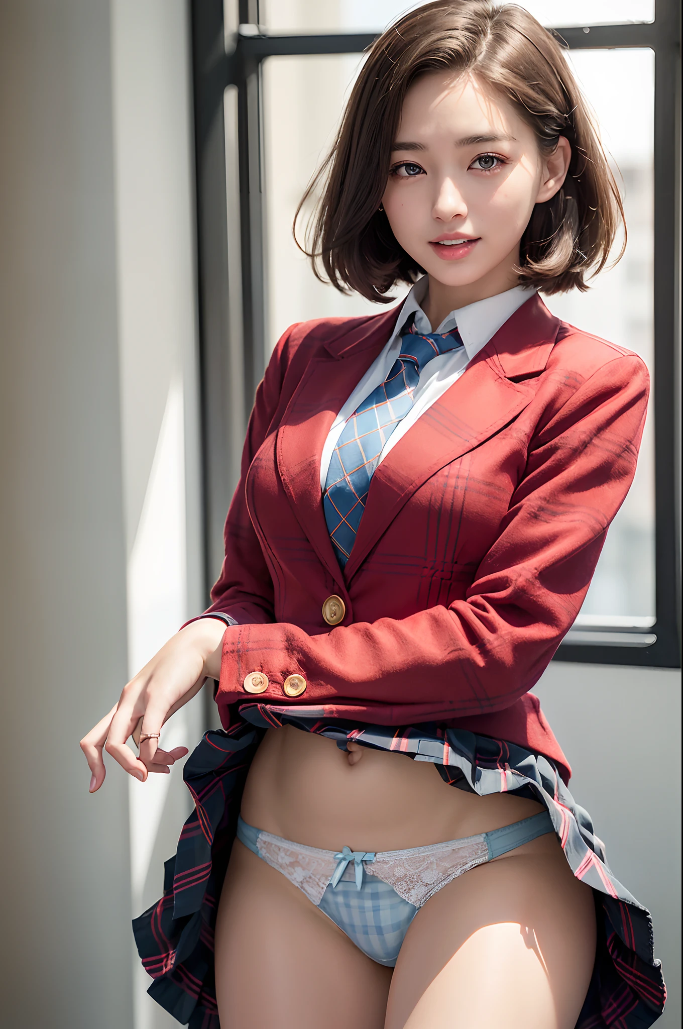 (in 8K, Raw photography, top-quality, ​masterpiece:1.2),Beautiful Girl, Dark hair, Short hair, (Curly hair), (((Lace light blue panties))), NSFW, (Show your teeth and smile), looking at the viewers, (((Lift the hem of the skirt, Lift the hem of the skirt with both hands, Lift the hem of the skirt yourself))), （Human biologically correct、References）、((Japan school uniform)), (Red Blazer:1.2), (short plaid skirt:1.5), (neck tie:1.2), Check skirt, ((of the highest quality, 16 K, masutepiece: 1.3)), 1 girl, Light on Face, hyperdetailed face, very detailed lips, Detailed eyes, Realistic pupils, Beautiful hands of the city, Two hands, normal hands, Two arms, complete hands, Beautiful body, Beautiful fingers, normal fingers, Five Fingers, Five Fingers, (Thumbs、Indexer、Middle Finger、ring finger、Pinky), Beautiful ears, normal ears, Beautiful eyes, shiny eyes, Beautiful mouth, Beautiful lips,（Correct eye balance）