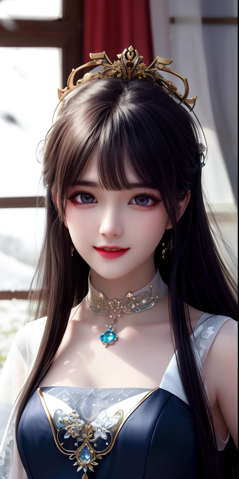 best qualityer,8K, tmasterpiece, A high resolution, 1girll, Clear silk porcelain dress, Fur coat, hair adornments, ssmile, Keep one's mouth shut, cparted lips,Large breasts,Shoulder, shift dresses, hair adornments, choker necklace, jewely, Chinese outfit, long whitr hair, 耳Nipple Ring, Detailed beautiful eyes, detailed eyelashes, beautiful face,after sexing_Body, Tyndall effect,realisticlying, edge lit, twotonelighting,(highdetailskin:1.2), 8K, Ultra HD, digital SLR camera, gentle illumination, high high quality, Volumetriclighting, Frankness, photore, A high resolution, Bokeh, at a forest, Falling snow, Winters, in the afternoon