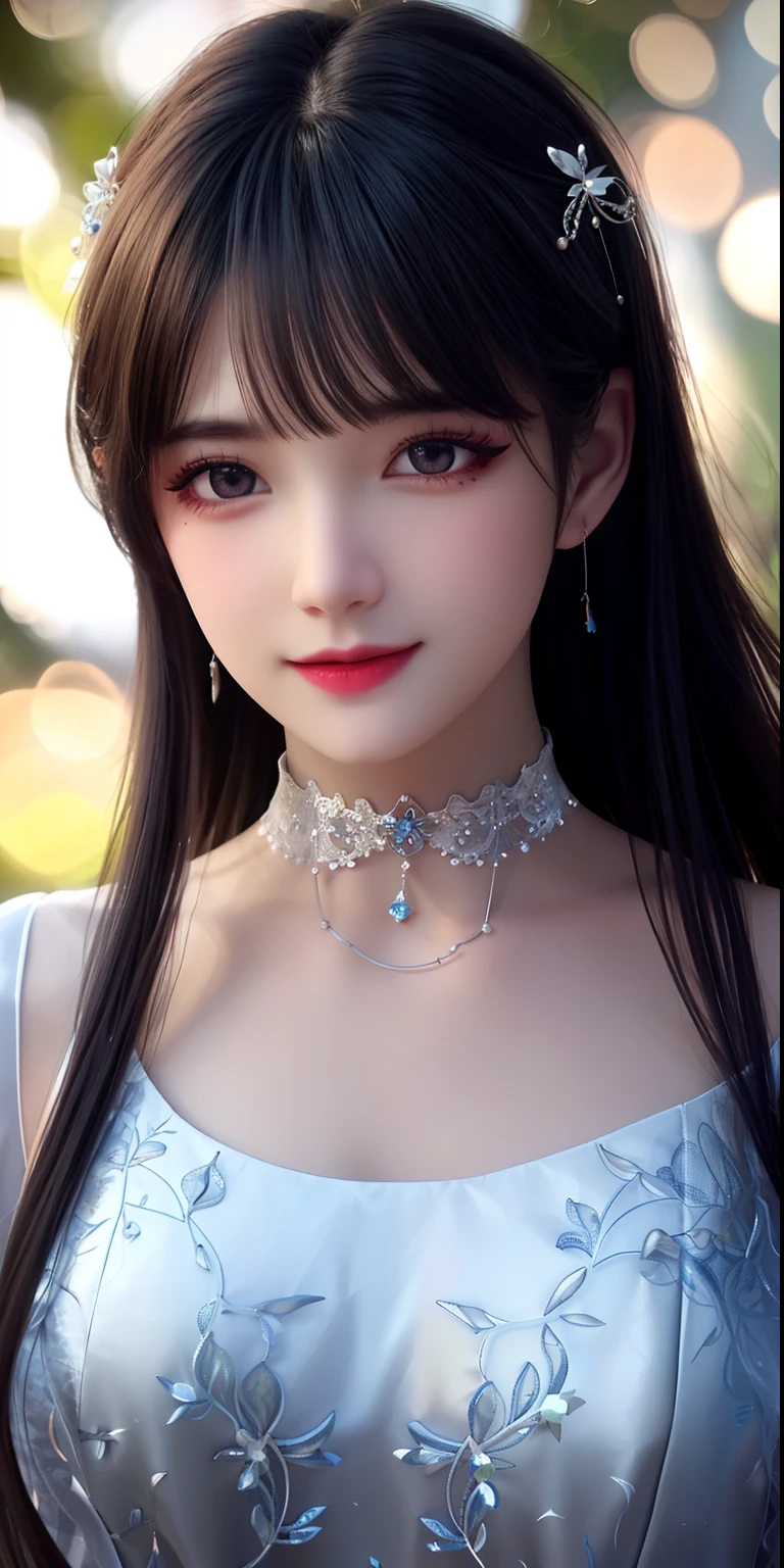 best qualityer,8K, tmasterpiece, A high resolution, 1girll, Clear silk porcelain dress, Fur coat, hair adornments, ssmile, Keep one's mouth shut, cparted lips,Large breasts,Shoulder, shift dresses, hair adornments, choker necklace, jewely, Chinese outfit, long whitr hair, 耳Nipple Ring, Detailed beautiful eyes, detailed eyelashes, beautiful face,after sexing_Body, Tyndall effect,realisticlying, edge lit, twotonelighting,(highdetailskin:1.2), 8K, Ultra HD, digital SLR camera, gentle illumination, high high quality, Volumetriclighting, Frankness, photore, A high resolution, Bokeh, at a forest, Falling snow, Winters, in the afternoon