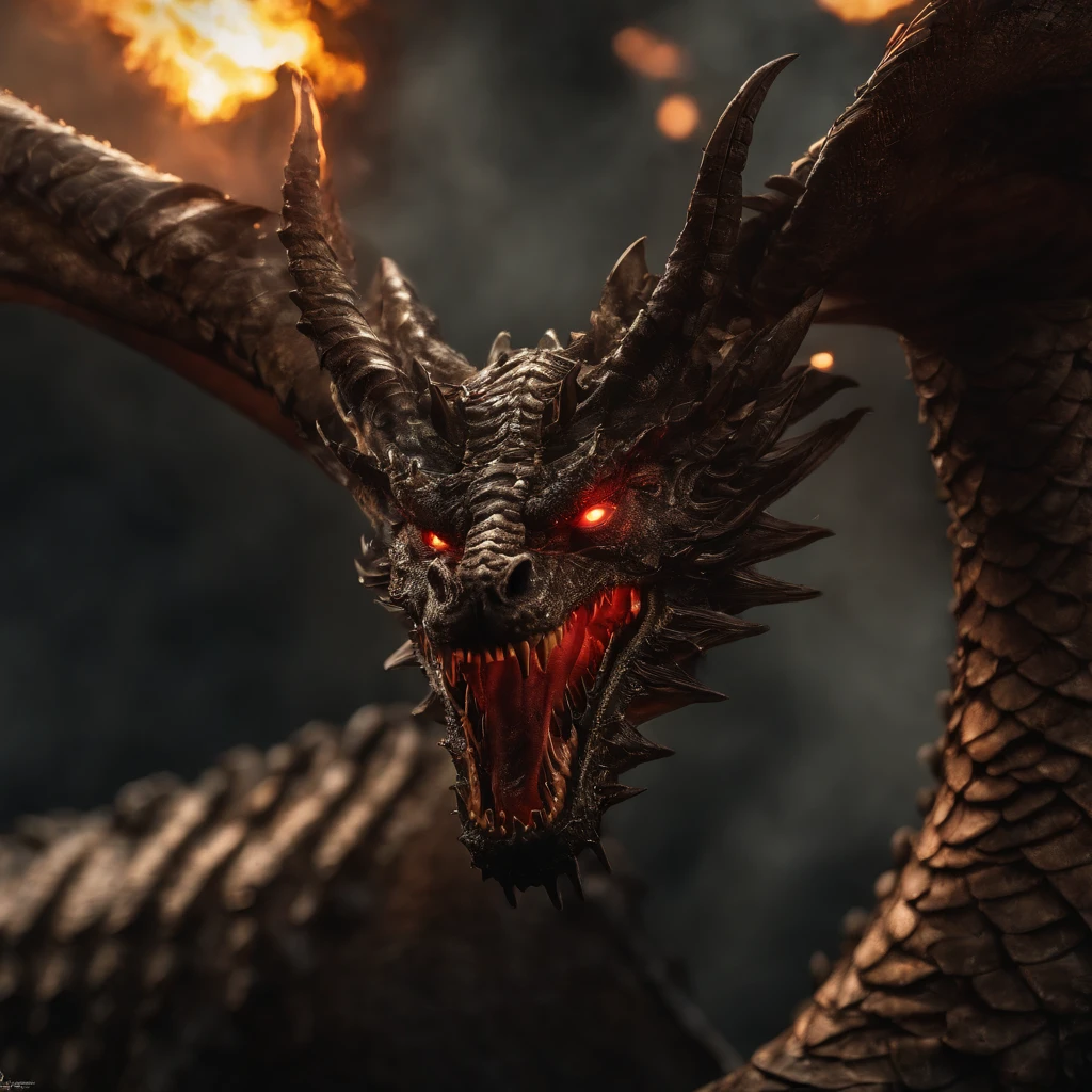 Tenryu Dourado,Rough red eyes,Close-up release of fire blood from the nose,Chest scales,alta qualidade,8k,Muitos detalhes,Alface de fogo,Infelizmente,4 pernas,Garras manchadas,ouro,perigos,fires,dentes pontiagudos,big dragon,imensidade,Threatening,Imposing plunged from the darkness, suas escamas brilhando como brasas, olhos em chamas com intensidade