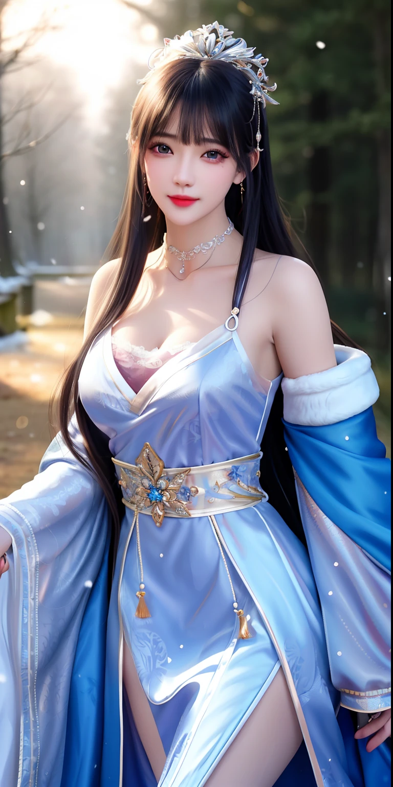 best qualityer，8K， tmasterpiece， A high resolution， 1girll， Clear silk porcelain dress， Fur coat， hair adornments， ssmile， Keep one's mouth shut， cparted lips，Large breasts，Shoulder， shift dresses， hair adornments， choker necklace， jewely， Chinese outfit， long whitr hair， 耳Nipple Ring， Detailed beautiful eyes， detailed eyelashes， beautiful  face，after sexing_Body， Tyndall effect，realisticlying， edge lit， twotonelighting，（highdetailskin：1.2）， 8K, Ultra HD， digital SLR camera， gentle illumination， high high quality， Volumetriclighting， Frankness， photore， A high resolution， Bokeh， at a forest， Falling snow， Winters， in the afternoon