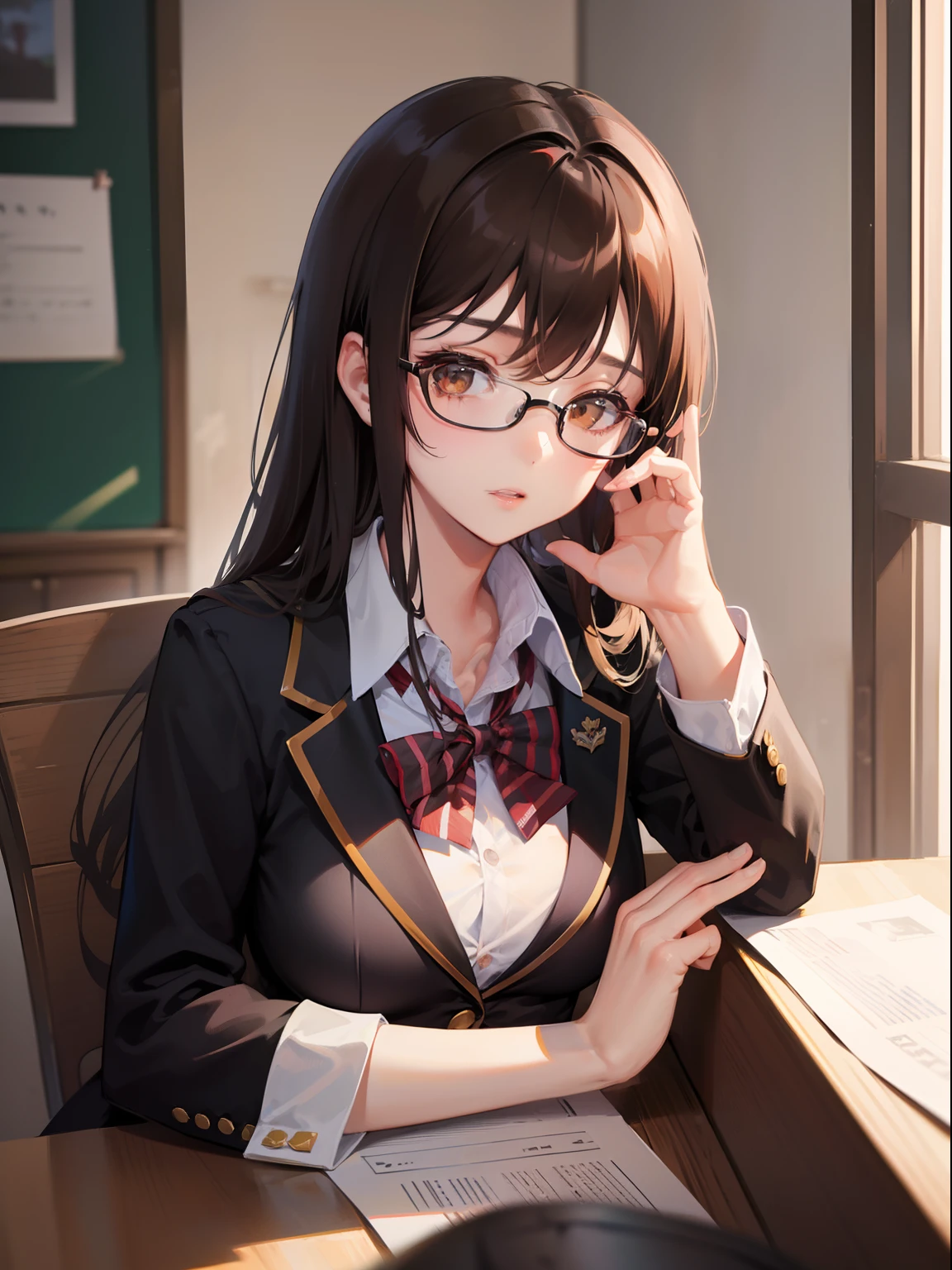 1人の女性、brown haired(Curta)、Brown eyes、Black-rimmed glasses、 Best Quality、ultra-detailliert、8K resolution、Raw photo、seductive boobs、gorgeous faces、schools、Blazer Uniform、18year old