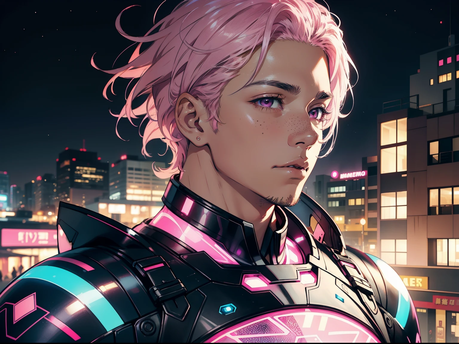 Latino man with cute pink eyes, pale pink hair, male, starry freckles, anime style, close-up, side view, side profile, 4k image, holographic suit outfit, city background