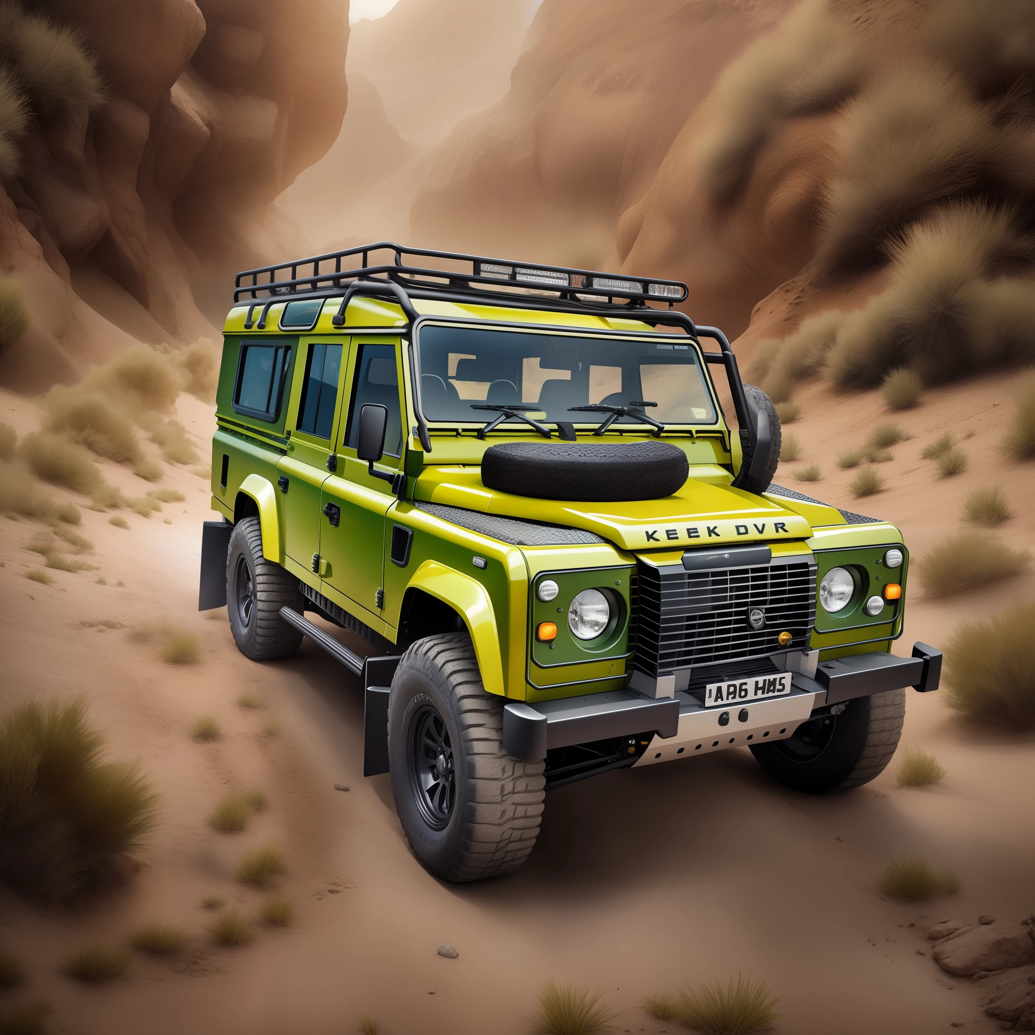 A cinematic photorealistic color digital drawing of Camel Trophy Land Rover Defender, extreme modified and styled by Kahn Design, insanely detailed and intricate, crisp sharp and clear, volumetric lighting, ultra-high resolution, masterpiece hyper realistic artwork Frank Bellamy, centered, Hi-key, Professional color grading by Kenneth Hines Jr.