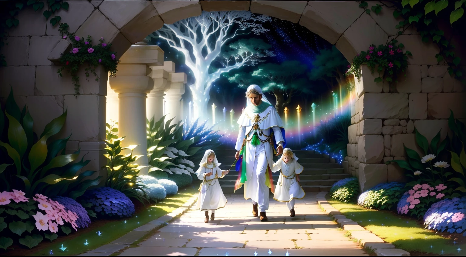 enchanted garden, light, rainbow, stars, man dressed in a white tunic among children dressed in white around him, lush nature, fantastic animals, precious stones, picnic, 4k, cinematic