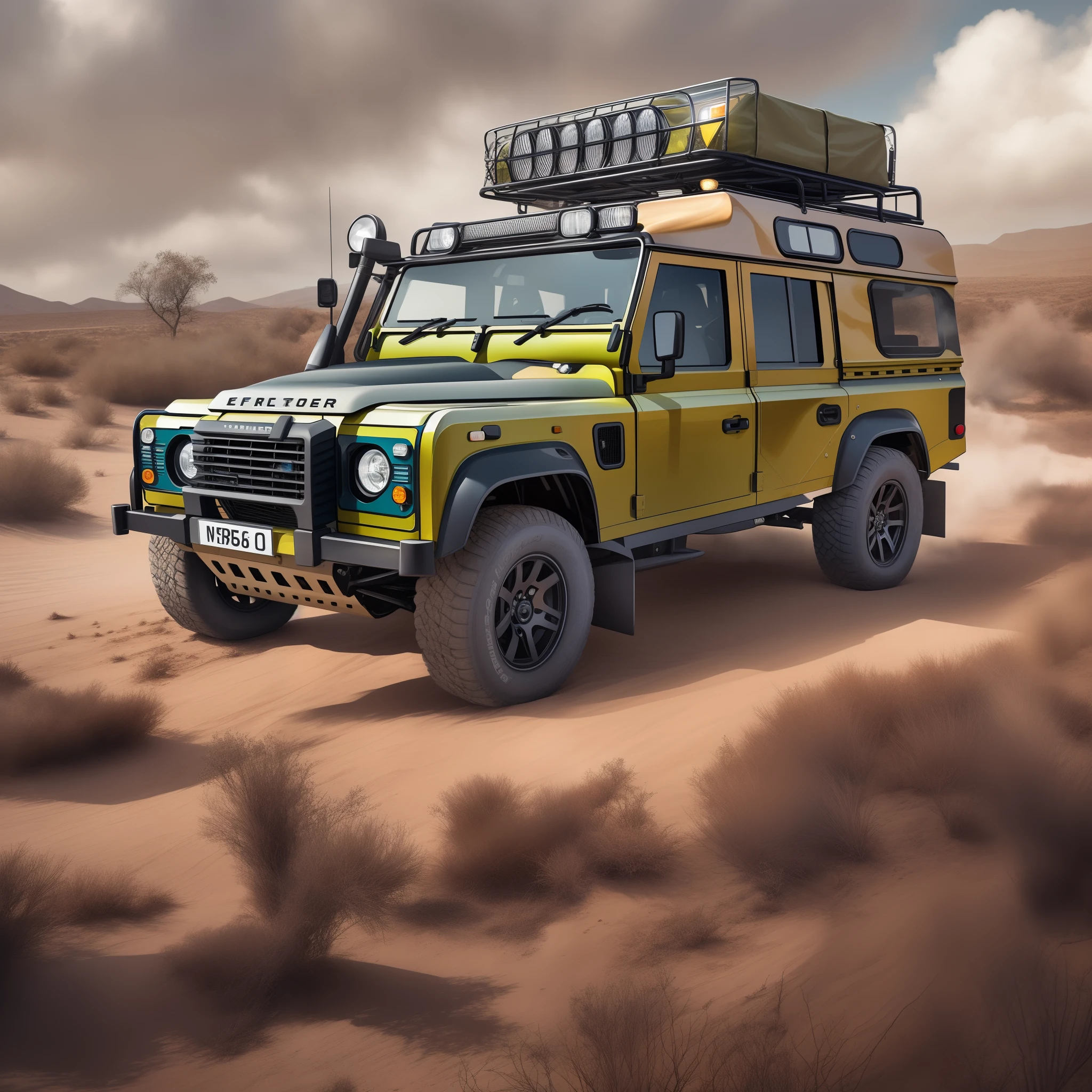 A cinematic photorealistic color digital drawing of Camel Trophy Land Rover Defender, extreme modified and styled by Kahn Design, insanely detailed and intricate, crisp sharp and clear, volumetric lighting, ultra-high resolution, masterpiece hyper realistic artwork Frank Bellamy, centered, Hi-key, Professional color grading by Kenneth Hines Jr.