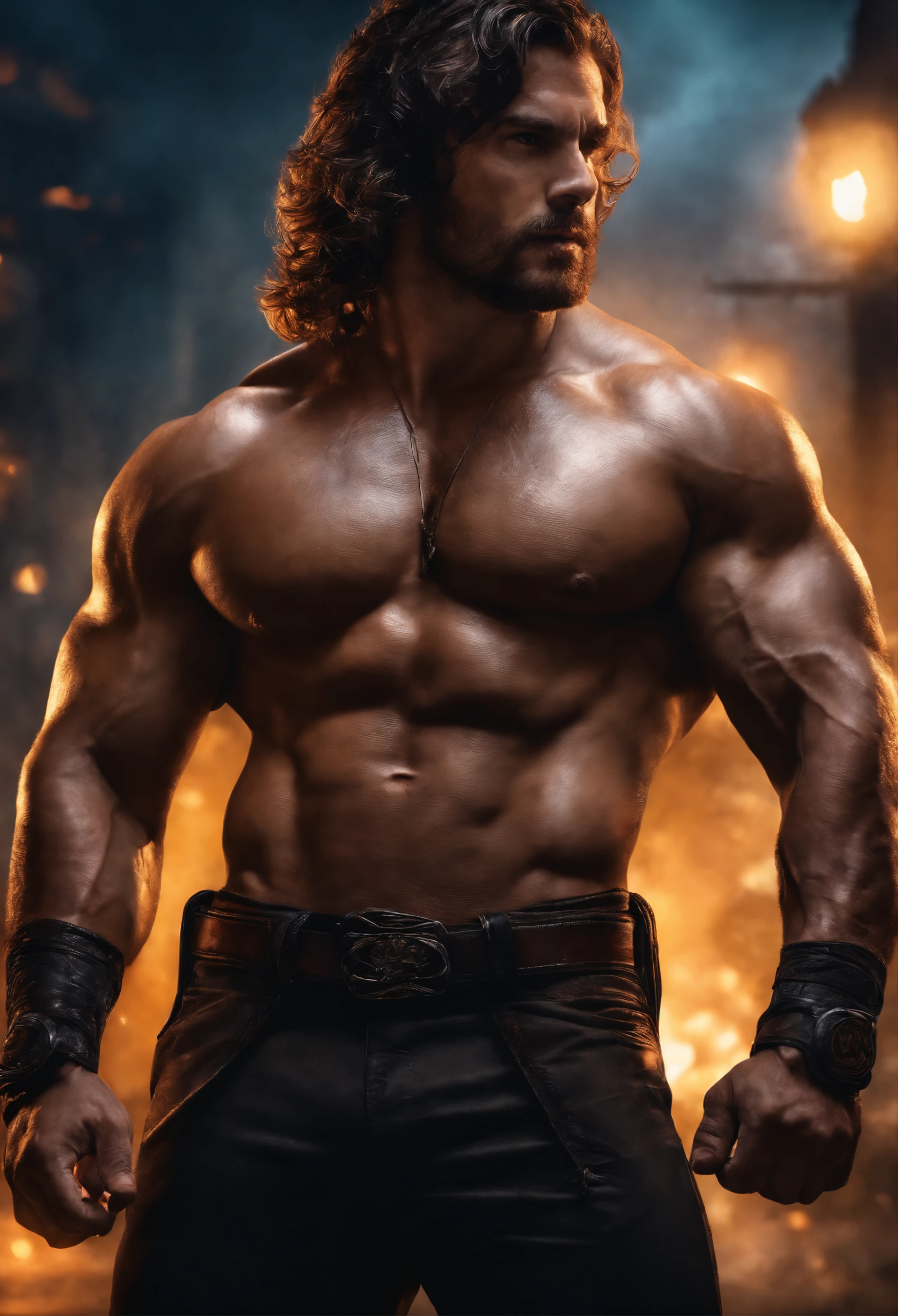 super high resolution, best quality, photo, 8k, (photorealistic: 1.2), cinematic lighting, abdominal muscles, masculine, dark, masterpiece, best quality, intricate details, night time, damaged city thats on fire, 3D light, HD, detailed face, depth of field, soft lighting, tone mapped, highly detailed, concept art, smooth, sharp focus, dramatic lighting, highly detailed art, cinematic, 8K, amazing shadows (highly detailed background: 1.2), super hero, long dark messy hair, shirtless, bulletproof, bullets rickashaying off him, hairy, super stong, bullets flying, ready to fight, fighting pose, glowing blue lights on his wrist bans, outside, rickasha, yellow glowing eyes, time traveler,