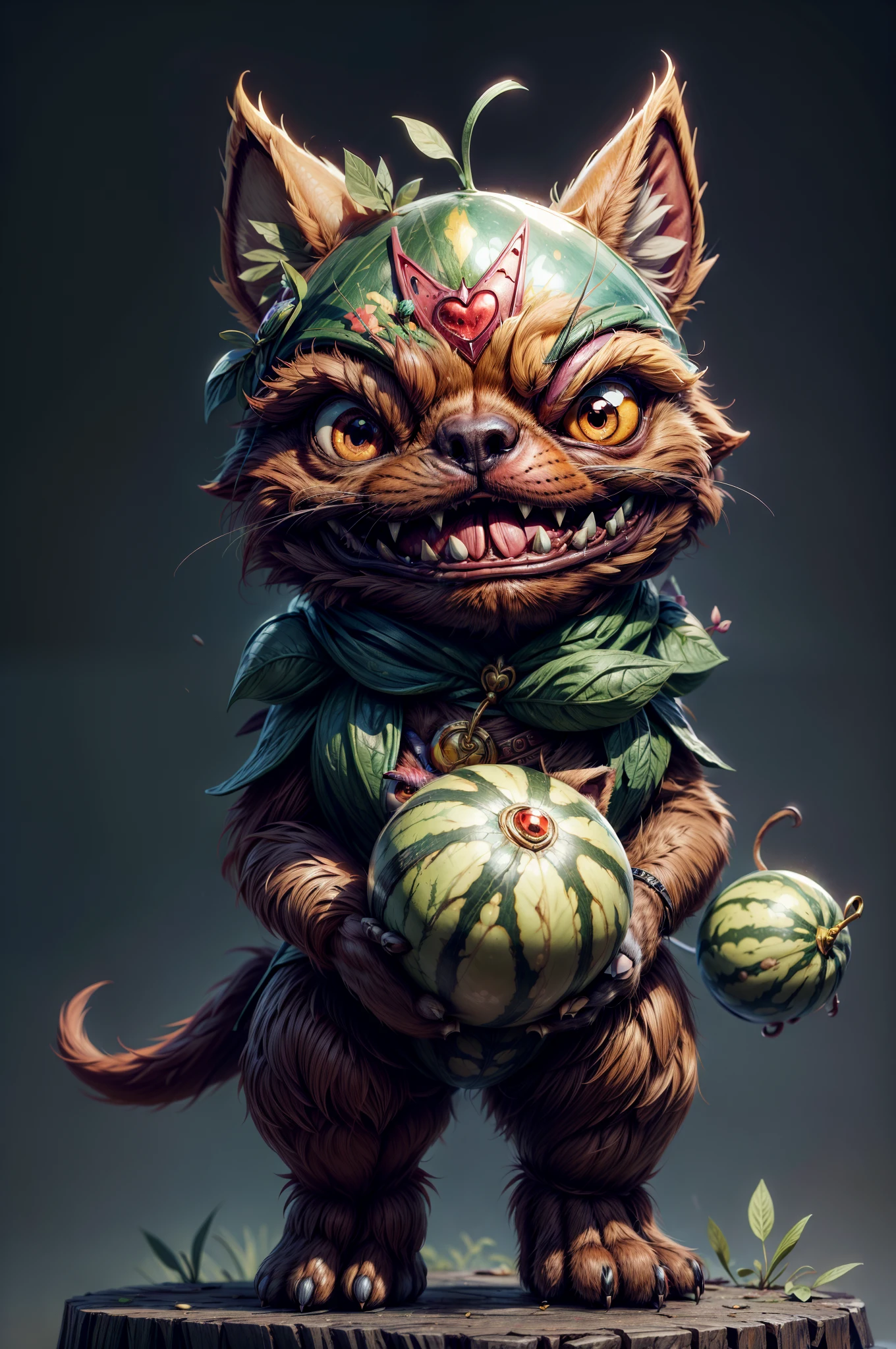 There is a dog that is dressed as a watermelon, Lindo arte digital detallado, Adorable pintura digital, Lindo arte digital, lindas ilustraciones detalladas, Linda criatura del bosque, furry fantasy art, Teemo, Teemo de League of Legends, linda criatura, Arte digital detallado 4K, linda criatura, Arte digital 4K altamente detallado, anthropomorphic cat
