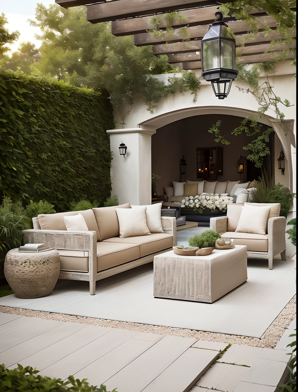 a close up of a patio with a couch and chairs, outdoor design, beautiful terrace, tonal colors outdoor, serene and peaceful style, relaxing environment, architectural digest photo, architectural digest, elegant and refined, modern earthy neutral earthy, luxurious environment, with archways, cozy and peaceful atmosphere, furniture and decor, neotraditional modern minimalist, peaceful environment, outdoors setting