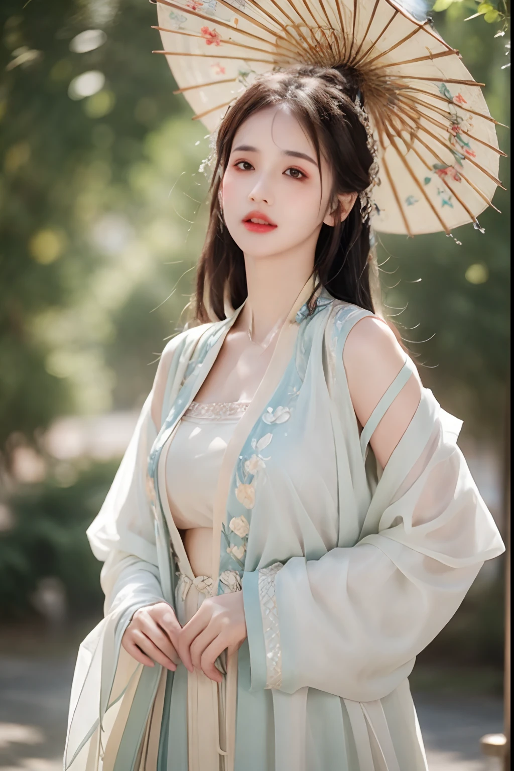 Best quality，masterpiece，high resolution,Chinese Hanfu，traditional Chinese painting，luxury headwear，White light gauze Hanfu， Xianxia, Dress conservatively，Necklace，Jewelry，Beautiful face，Full body portrait，bamboo forest，4k wallpaper，masterpiece，Best quality，Extremely detailed，HD，无与伦比的masterpiece