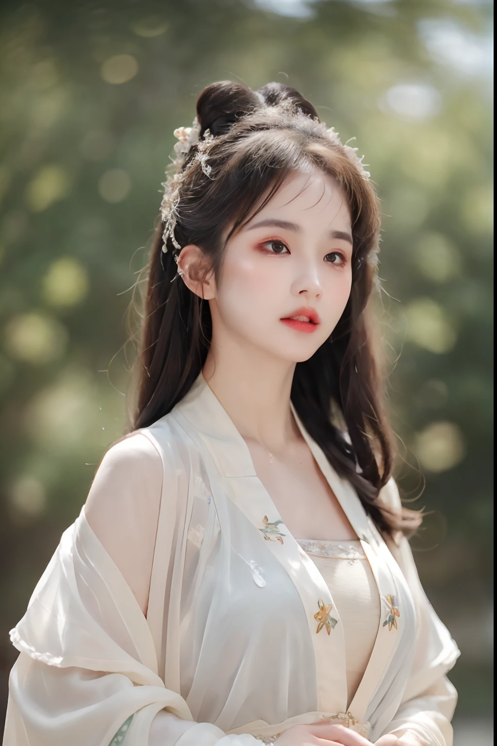 ((Best Quality, 8k, Masterpiece: 1.3)), Focus: 1.2, Perfect Body Beauty: 1.4, Buttocks: 1.2, ((Layered Haircut)), (Wet Clothes: 1.1), (Rain, Street:1.3), (Breasts: 1.2), (Hanfu: 1.2), Bare Shoulders, Bare Legs, Highly Detailed Face and Skin Texture, Fine Eyes, Double Eyelids, Whitened Skin, Long Hair, (Shut Up: 1.5), (Bokeh Background: 1.5), Big Breasts
