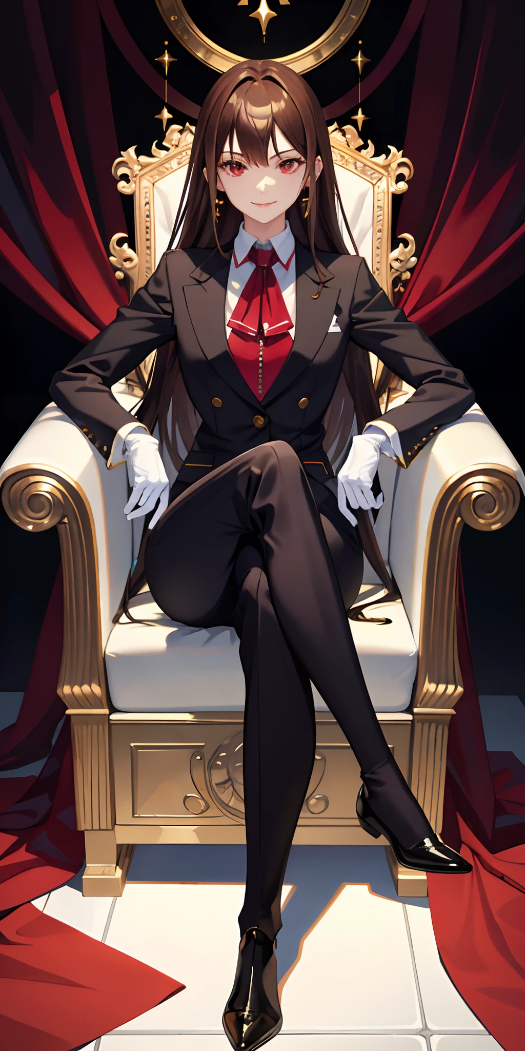 (masutepiece), Expressive eyes, Perfect face, Correct human body,Correct fingers,Correct foot,1人の女性, Seductive smile,Brown hair,Longhaire,Red Eyes, Wearing a trouser suit,Wearing white gloves,Sitting on the Red Throne((crossed legs)), nice thigs,directly in front,black backgrounds,Illuminated from above