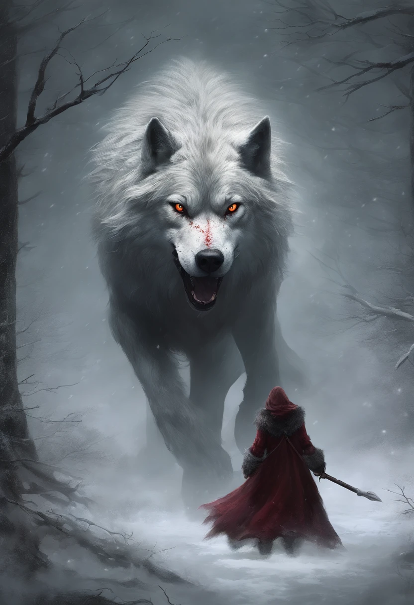 (best quality,4k,8k,highres,masterpiece:1.2),ultra-detailed,realistic,photorealistic:1.37,fearsome direwolf on a leash made of chains,menacing red-eyed glow,layered fur texture,bloody drool dripping from sharp fangs,leathery and weathered iron chains,giant paws with powerful claws,dark and eerie forest background,bone-chilling growls,resolute and fearless posture,foggy atmosphere,menacing shadow cast by the moonlight,battle scars on the direwolf's body,aurora borealis shimmering in the sky,heavy breathing and steam coming out of the nostrils,ominous storm clouds gathering in the background,ominous soundtrack playing in the distance,subtle highlighting and shading to enhance the depth,contrasting warm and cool color palette,dynamic lighting and shadows,foreboding and suspenseful mood.