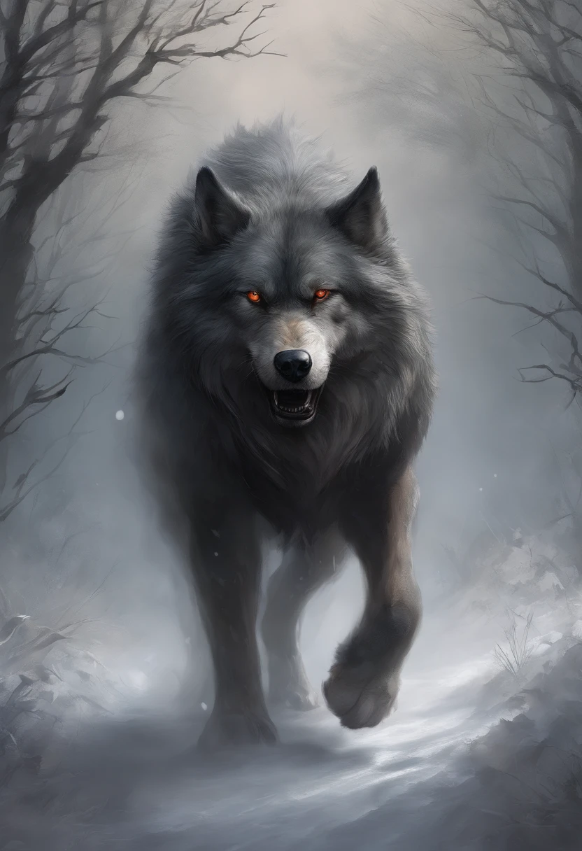 (best quality,4k,8k,highres,masterpiece:1.2),ultra-detailed,realistic,photorealistic:1.37,fearsome direwolf on a leash made of chains,menacing red-eyed glow,layered fur texture,bloody drool dripping from sharp fangs,leathery and weathered iron chains,giant paws with powerful claws,dark and eerie forest background,bone-chilling growls,resolute and fearless posture,foggy atmosphere,menacing shadow cast by the moonlight,battle scars on the direwolf's body,aurora borealis shimmering in the sky,heavy breathing and steam coming out of the nostrils,ominous storm clouds gathering in the background,ominous soundtrack playing in the distance,subtle highlighting and shading to enhance the depth,contrasting warm and cool color palette,dynamic lighting and shadows,foreboding and suspenseful mood.
