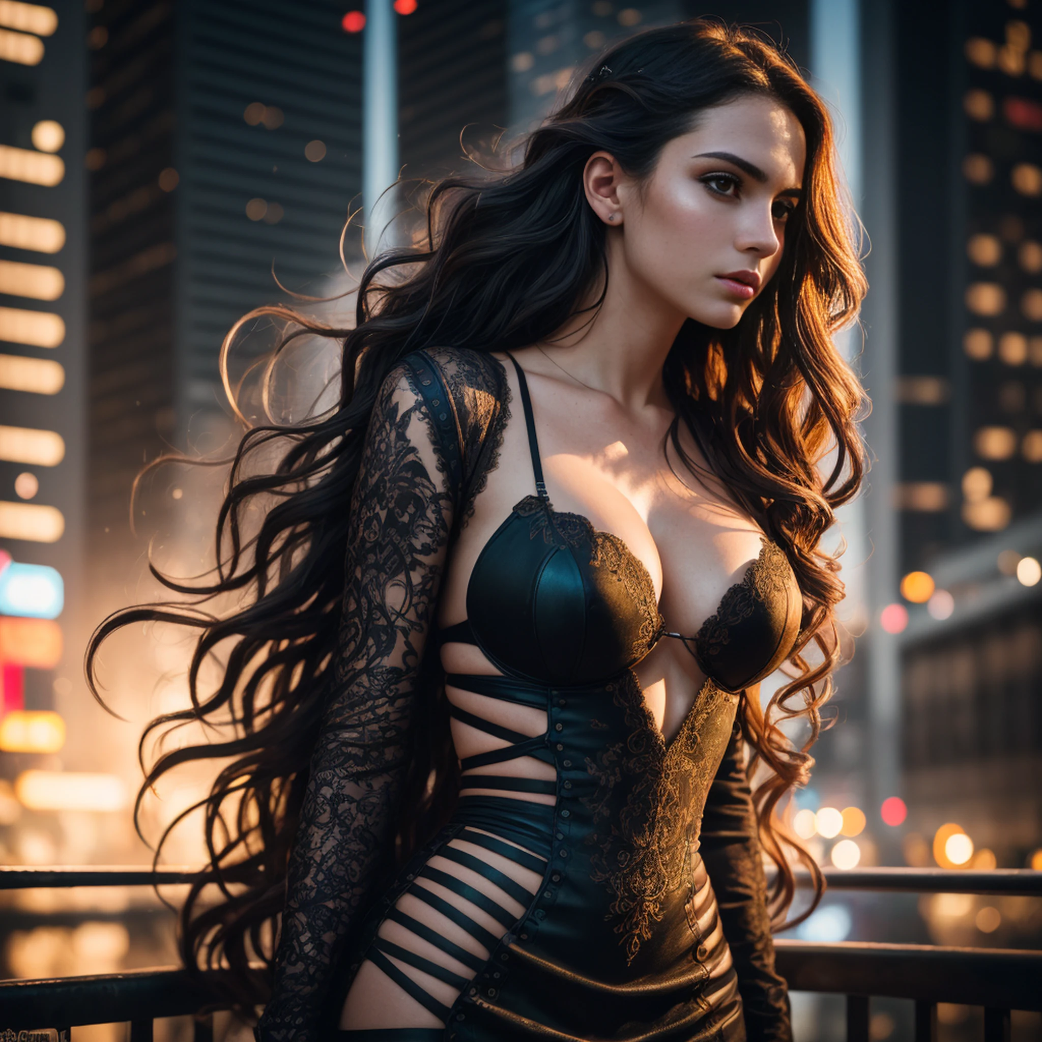 photo of a 25 years old european girl, RAW, beautiful woman, (extra long wavy brown hair), ((portrait)), ((detailed face:1.2)), ((detailed facial features)), (finely detailed skin), pale skin, (high detailed deep cleavage cyberpunk steel dress), cyberpunk megacity environment, (cold colors), damp, moist, reflections, (masterpiece) (perfect proportion)(realistic photo)(best quality) (detailed) photographed on a Canon EOS R5, 50mm lens, F/2.8, HDR, (8k) (wallpaper) (cinematic lighting) (dramatic lighting) (sharp focus) (intricate)