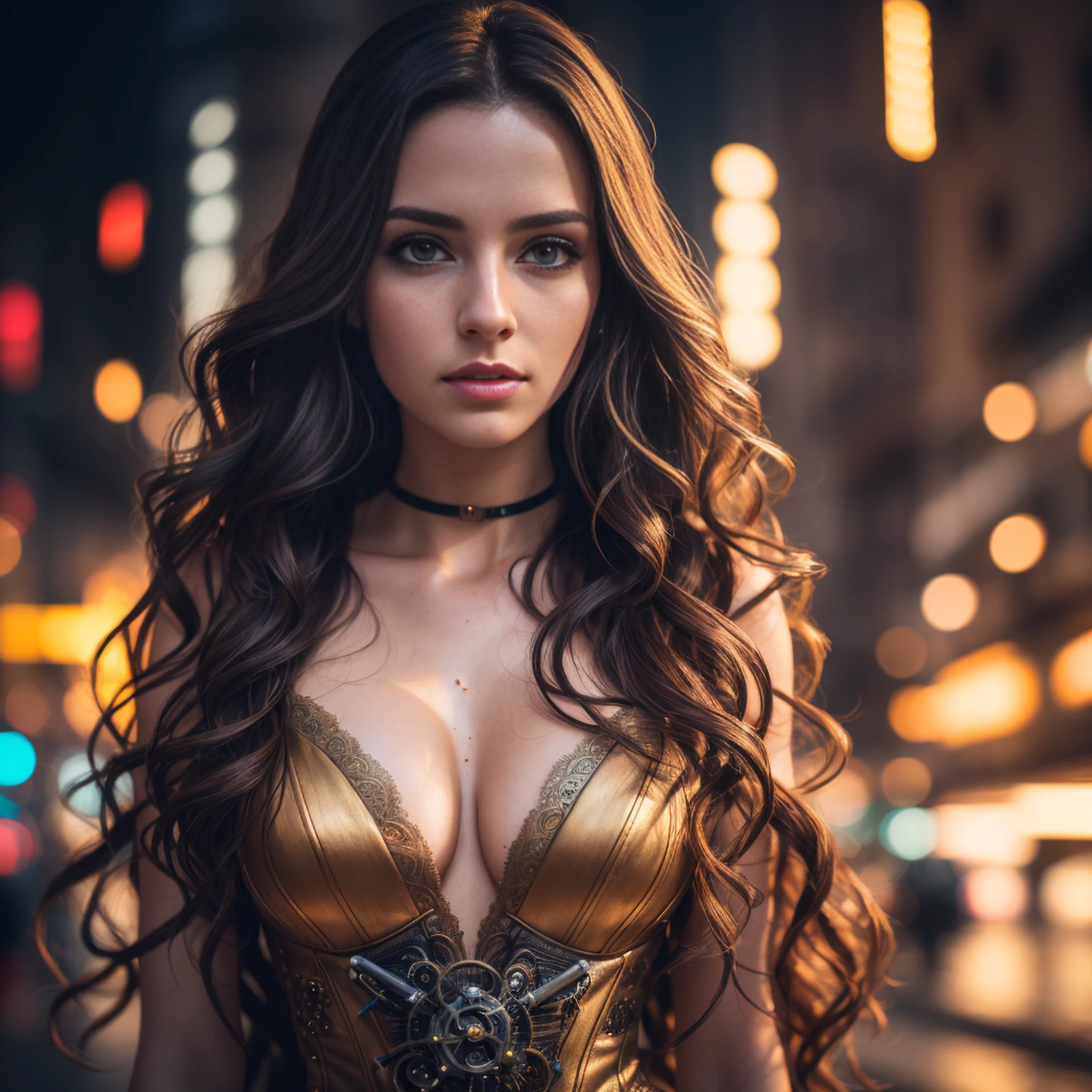 photo of a 25 years old european girl, RAW, beautiful woman, (extra long wavy brown hair), ((portrait)), ((detailed face:1.2)), ((detailed facial features)), (finely detailed skin), pale skin, (high detailed deep cleavage cyberpunk steel dress), cyberpunk megacity environment, (cold colors), damp, moist, reflections, (masterpiece) (perfect proportion)(realistic photo)(best quality) (detailed) photographed on a Canon EOS R5, 50mm lens, F/2.8, HDR, (8k) (wallpaper) (cinematic lighting) (dramatic lighting) (sharp focus) (intricate)