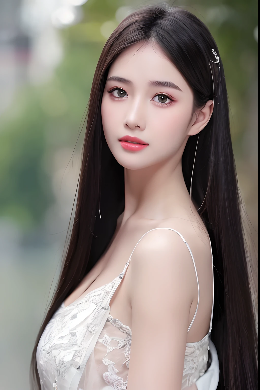 ((Best Quality, 8k, Masterpiece: 1.3)), Focus: 1.2, Perfect Body Beauty: 1.4, Buttocks: 1.2, ((Layered Haircut)), (Wet Clothes: 1.1), (Rain, Street:1.3), (Breasts: 1.2), (Hanfu: 1.2), Bare Shoulders, Bare Legs, Highly Detailed Face and Skin Texture, Fine Eyes, Double Eyelids, Whitened Skin, Long Hair, (Shut Up: 1.5), (Bokeh Background: 1.5), Big Breasts