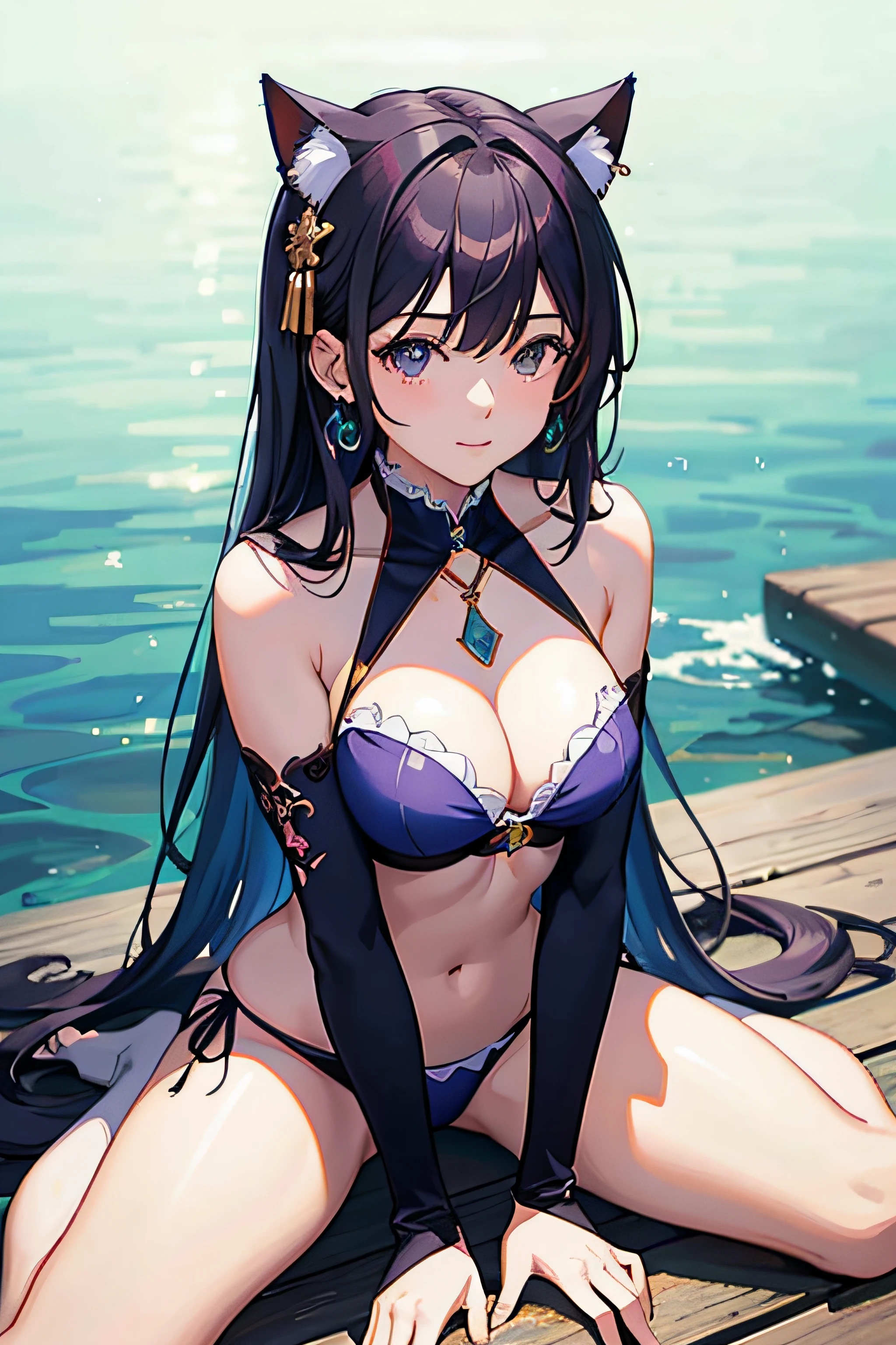 a woman in a bikini sitting on a dock next to the water, seductive anime girl, beautiful alluring anime woman, extremely detailed artgerm, anime style 4 k, anime moe artstyle, detailed digital anime art, realistic bikini, anime style. 8k, anime waifu, digital anime art, anime wallpaper 4 k, anime wallpaper 4k