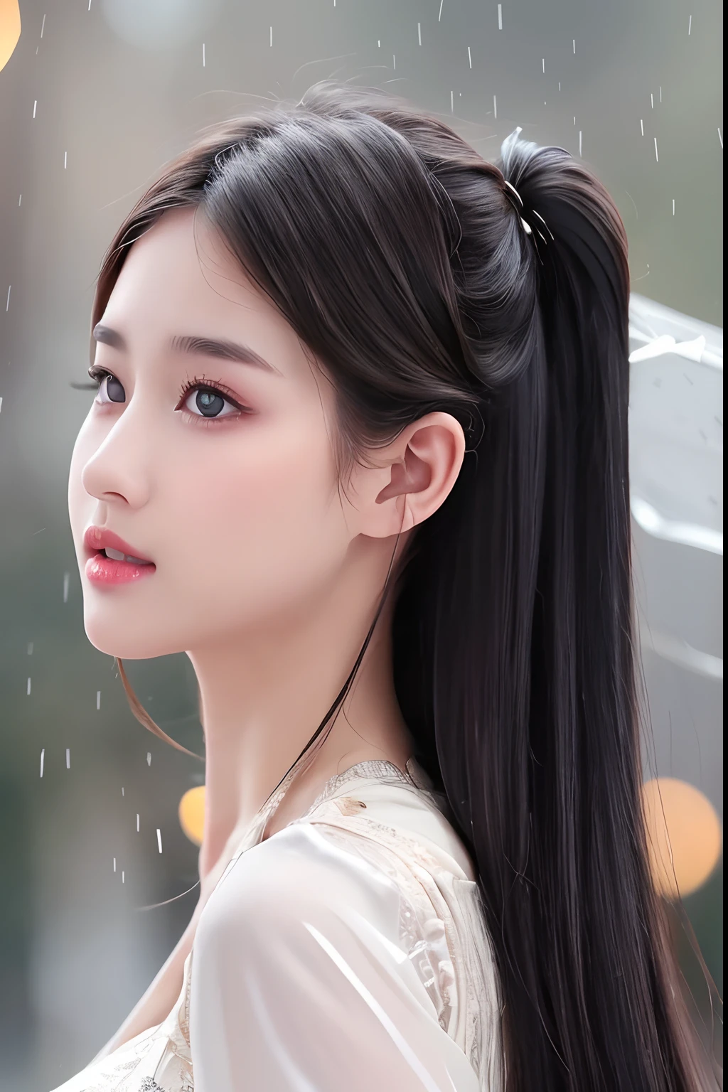 ((Best Quality, 8k, Masterpiece: 1.3)), Focus: 1.2, Perfect Body Beauty: 1.4, Buttocks: 1.2, ((Layered Haircut)), (Wet Clothes: 1.1), (Rain, Street:1.3), (Breasts: 1.2), (Hanfu: 1.2), Bare Shoulders, Bare Legs, Highly Detailed Face and Skin Texture, Fine Eyes, Double Eyelids, Whitened Skin, Long Hair, (Shut Up: 1.5), (Bokeh Background: 1.5), Big Breasts