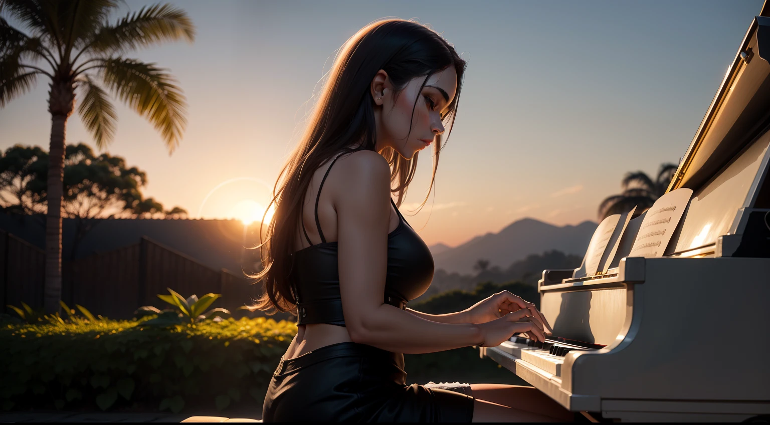 mulher tocando piano em um jardim, Sky with distant sun