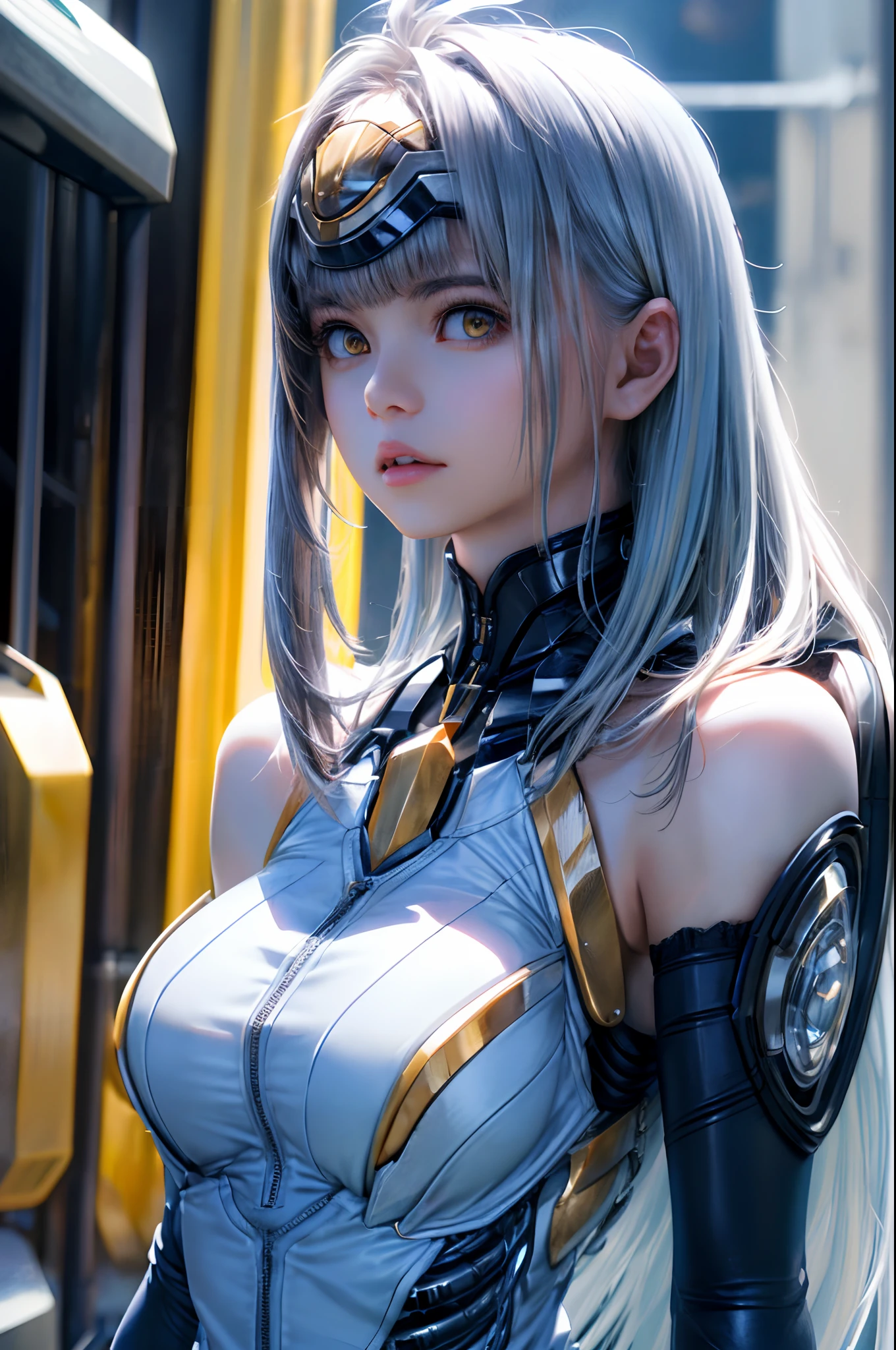 top-quality、​masterpiece、超A high resolution、(Photorealsitic:1.4)、女の子1人、Light blue hair、Straight hair, shiny and clean hair、White shiny skin、Sexy Cyberpunk Girl、((super realistic details))、Shadow、octan render、ultrasharp、hyperdetailed face、Fiberglass、Luminous tube、highly intricate detail、Realistic light、CGSoation Trends、((Golden Eyes))、(Facing the camera)、neon details、Mechanical limbs、Mechanical vertebrae attached to the back、mechanical cervical attaching to neck、Wires and cables connecting to the head、((valkyrie))、((Beam Cannon))、Combat stance