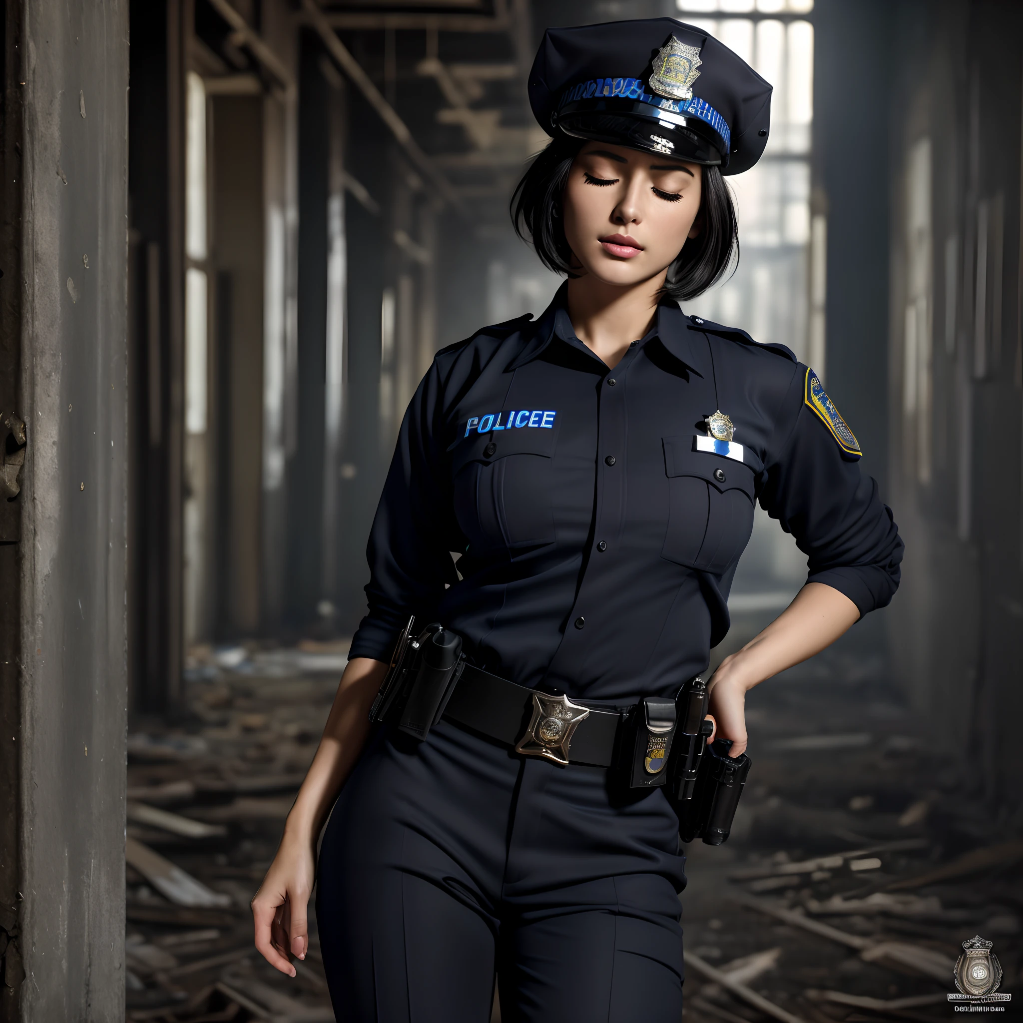 16 K HDR, hight resolution, (masterpiece, Best Quality, hyper realistic photography), (1girl in, Solo), (Super sexy and beautiful police officer:1.3), Slim body, Cool Beauty Face, (Black hair, Short hair), (ultra gigantic tits:1.5, Realistic police officer uniform, Unbuttoned uniform:1.7, Realistic police hat:1.2, Exposed realistic nipples :1.5, Gun belt), Ultra-detailed face, Ultra detailed skin texture, (lying:1.4, closed eyes:1.3, In a realistic abandoned building:1.35, Dark atmosphere:1.3), overhead view,