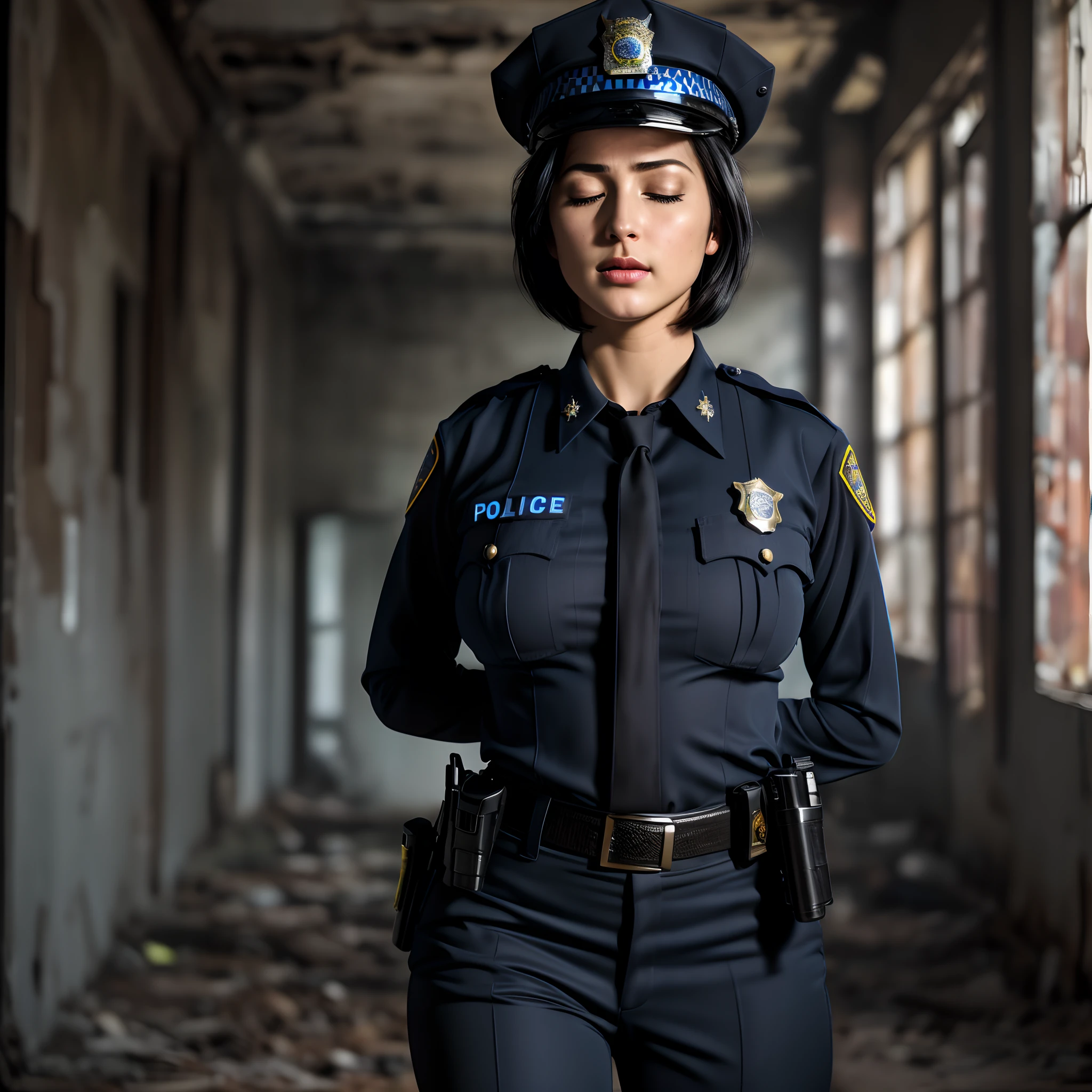 16 K HDR, hight resolution, (masterpiece, Best Quality, hyper realistic photography), (1girl in, Solo), (Super sexy and beautiful police officer:1.3), Slim body, Cool Beauty Face, (Black hair, Short hair), (ultra gigantic tits:1.5, Realistic police officer uniform, Unbuttoned uniform:1.7, Realistic police hat:1.2, Exposed realistic nipples :1.5, Gun belt), Ultra-detailed face, Ultra detailed skin texture, (stun and lay down:1.3, closed eyes:1.3, In a realistic abandoned building:1.35, Dark atmosphere:1.3),