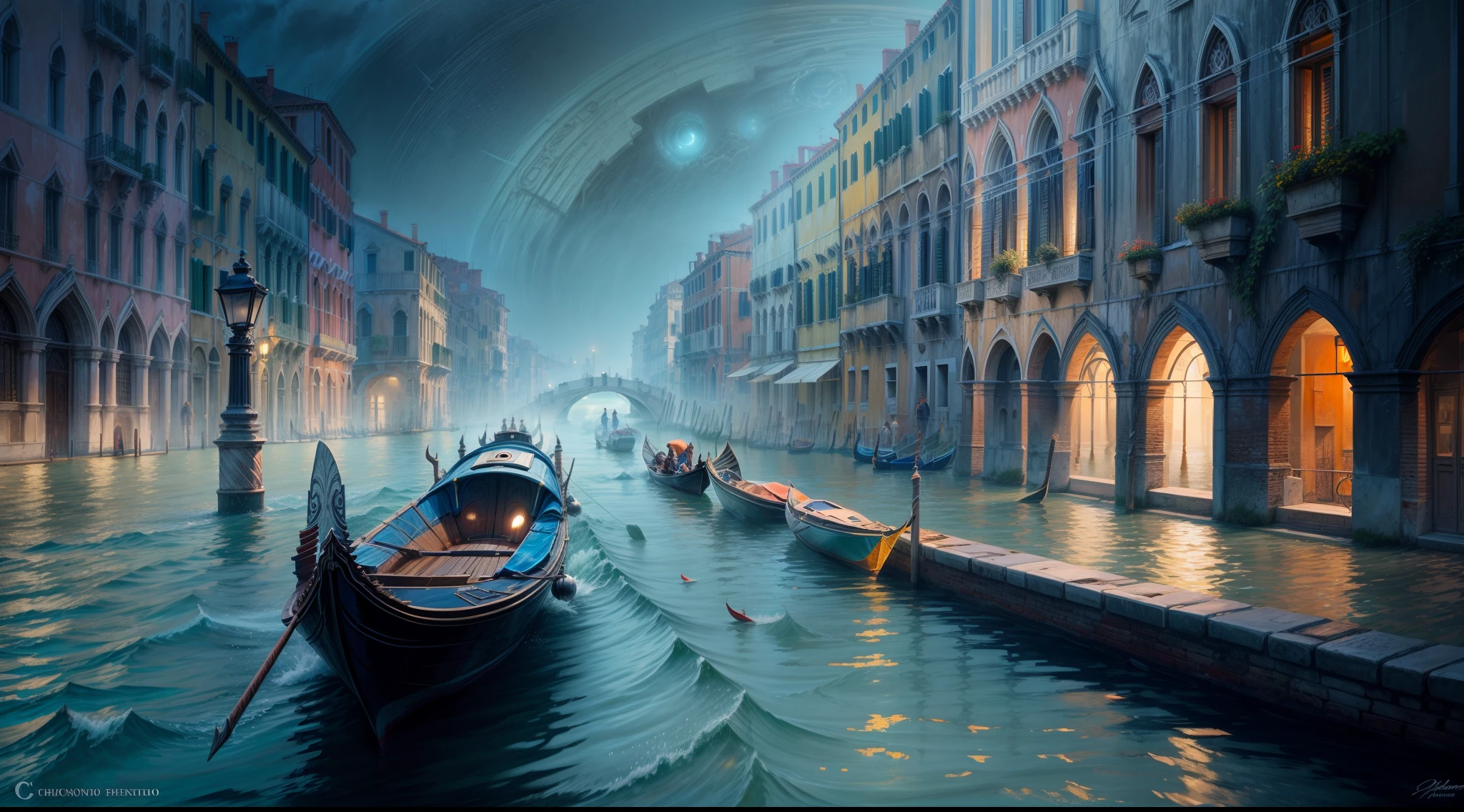 Chronos Portal, Venice, foggy, painting, speed, futurism, expressionism, canal, boat, canal grande, dark blue, vision