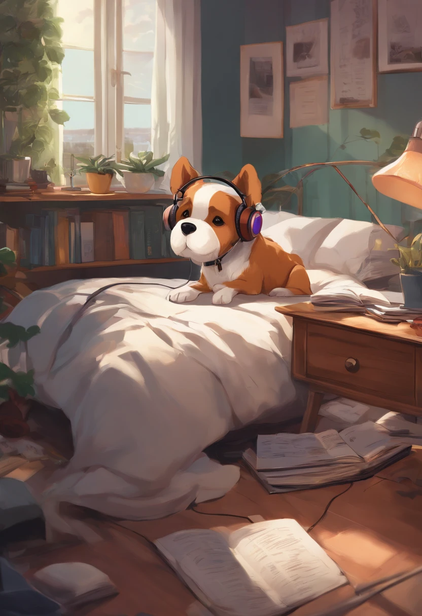 an anime dog with headphones studying in a bedroom that is messy