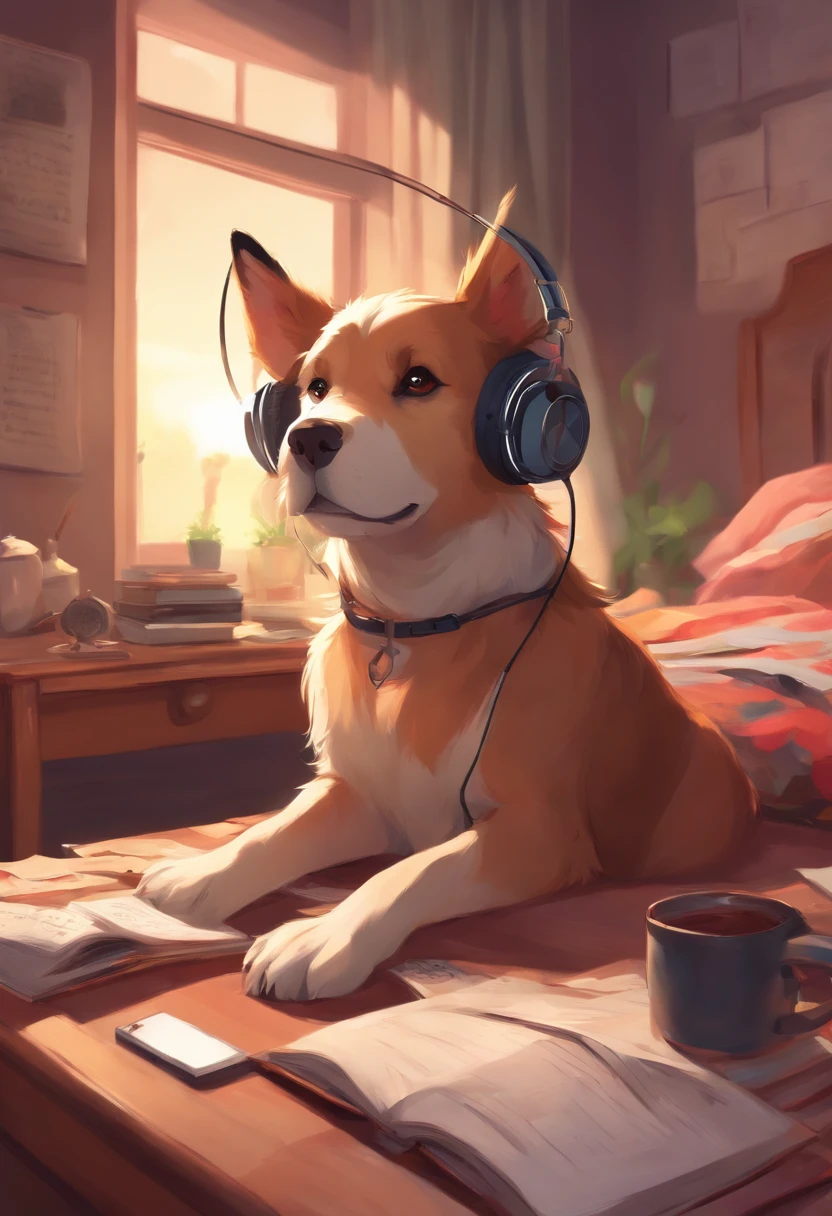 an anime dog with headphones studying in a bedroom that is messy