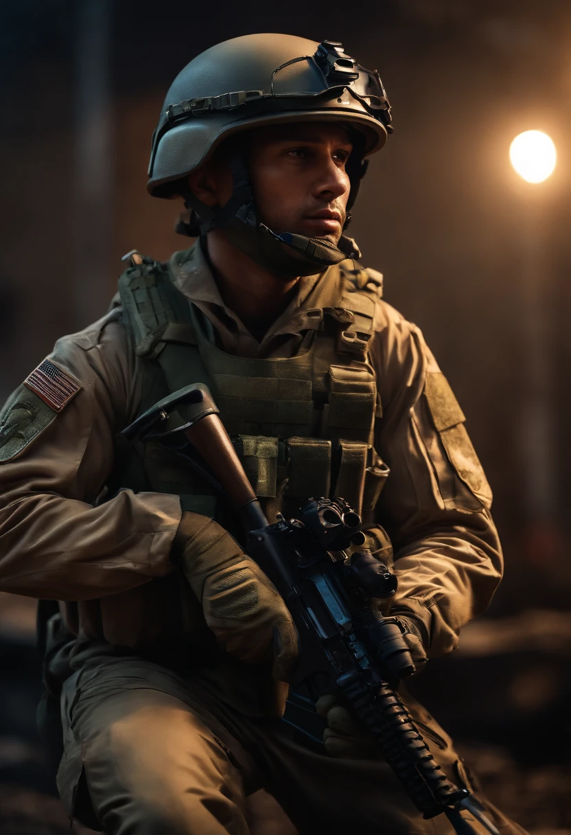 (best quality,4k,8k,highres,masterpiece:1.2),ultra-detailed,(realistic,photorealistic,photo-realistic:1.37),portrait,modern soldier,digital painting,soldier in uniform,confident expression,shiny helmet,detailed rifle,combat boots,military gear,camouflage pattern,stern gaze,intense eyes,strong jawline,stubble,uniform patches,decorations on jacket,flag on shoulder,reflection on visor,gritty background,urban scene,smoke and dust particles,fierce determination,vivid colors,subtle lighting
