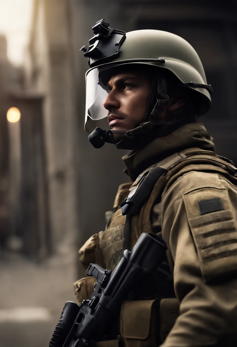 (best quality,4k,8k,highres,masterpiece:1.2),ultra-detailed,(realistic,photorealistic,photo-realistic:1.37),portrait,modern soldier,digital painting,soldier in uniform,confident expression,shiny helmet,detailed rifle,combat boots,military gear,camouflage pattern,stern gaze,intense eyes,strong jawline,stubble,uniform patches,decorations on jacket,flag on shoulder,reflection on visor,gritty background,urban scene,smoke and dust particles,fierce determination,vivid colors,subtle lighting