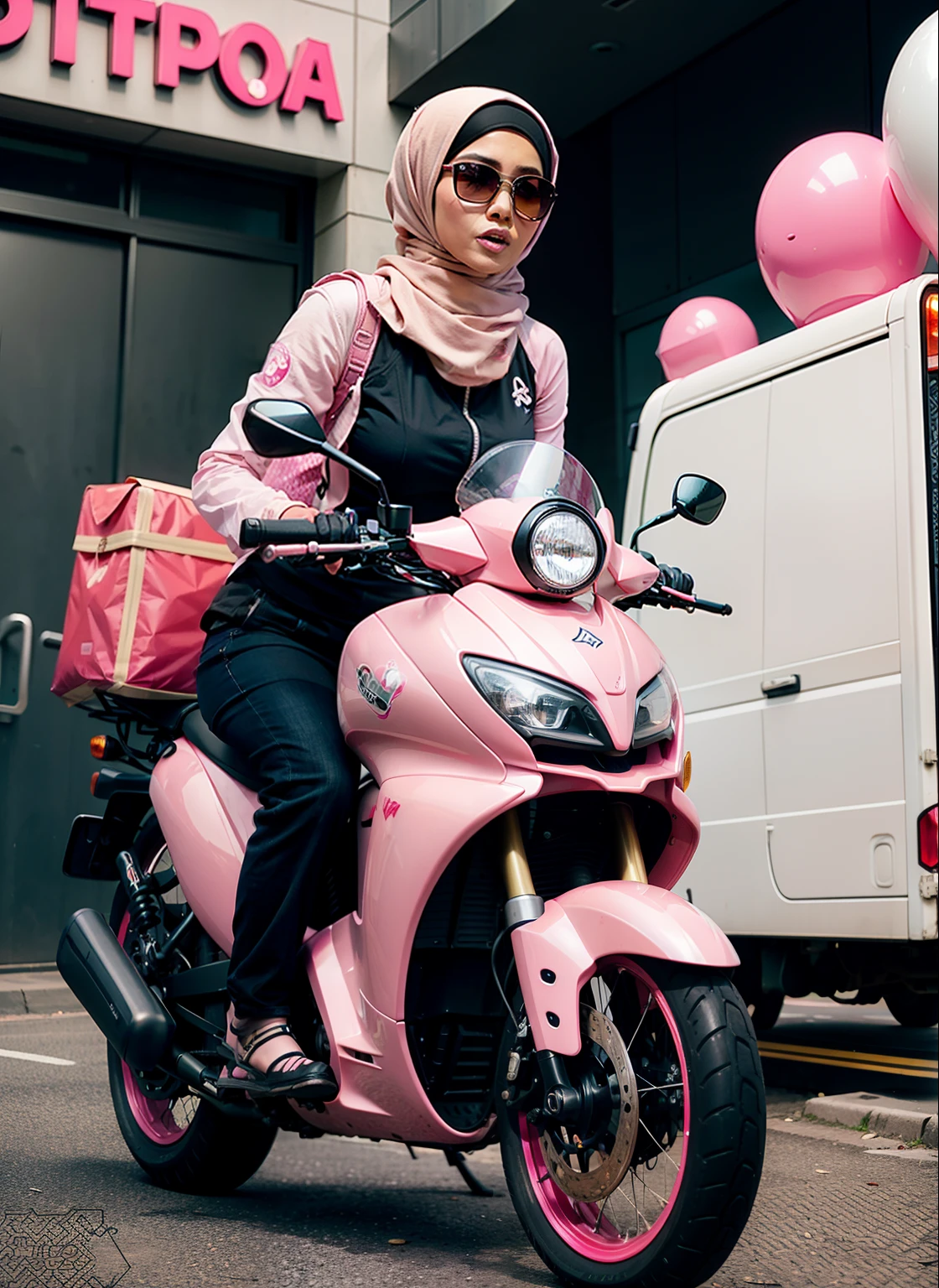 Slim and Medium breasted malay woman in hijab, pink food delivery motorcycle, foodpanda delivery, panda emblem at delivery box, pink delivery box, sunglasses, sci-fi, with gun, explosions behind, dramatic scene, movie poster,