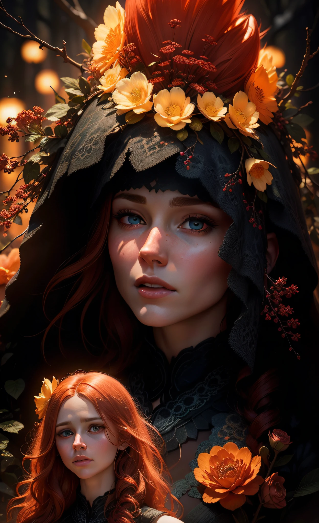 35mm, F/2.8, insanely hyper-detailed and intricate realistic, full body character with messy red hair, looks like Bryce Dallas Howard, in a dress of ice flowers luminescent circuitry patterns that glow with an eerie blue hue, a black circle crown on her head, detailed face, detailed skin, front, background frozen forest, cover, unzoom, choker, hyperdetailed painting, luminism, Bar lighting, complex, 4k resolution concept art portrait by Greg Rutkowski, Artgerm, WLOP
