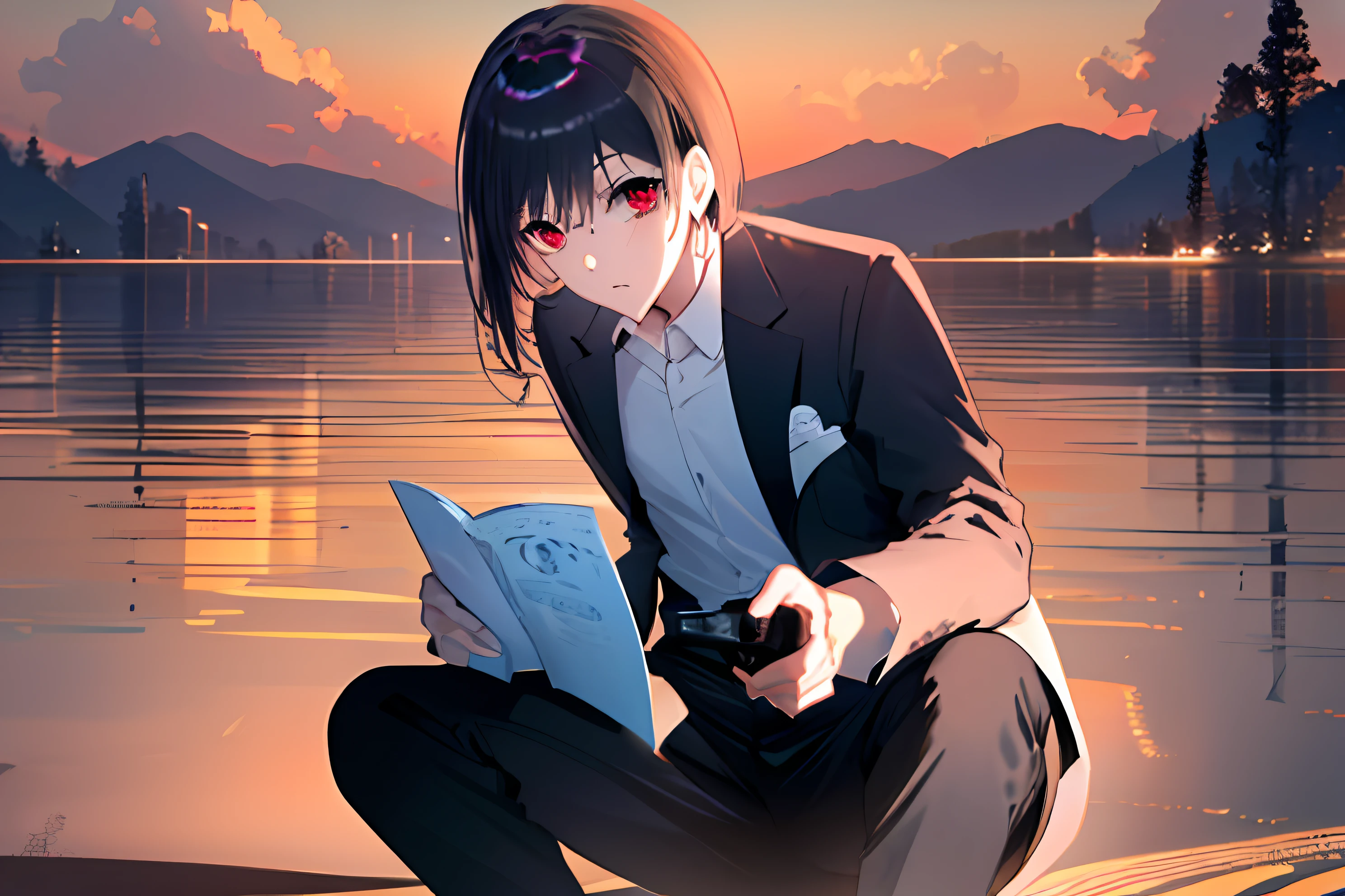 ((Primary work)), ((melhor qualidade)), High, ((((Illustration of a book)))), (((((He has a Caliber 38 Special revolver in his right hand, holding it correctly to shoot)))))), (((A boy with short black hair and red eyes))), ((( (There is only one person)))), Kiyotaka Ayanokuji, ((((adolescente de 15 anos)))), (((men's school uniform white shirt black jacket open jacket long black pants))), ((Olhos vermelhos))), (((((cabelo preto curto))))))), ((corpo inteiro anatomicamente correto)), pernas normais, ((usa sapatos pretos)), ((He has a scared face and confusion)), ((Detailed full scenario)), ((mystery)), ((horror)), ((Tempo tenso)), Postura equilibrada, blush sutil | | | | | | | | | | | | | | |, Pingente de cristal BREAK golden hour, (Rim lighting): 1.2, tons quentes, Brilho solar, sombras suaves, cores vibrantes, painterly effect, dreamy atmosphere BREAK scenic lake, montanhas distantes, salgueiro, calm water, reflection, nuvens iluminadas pelo sol, Tranquil setting, idyllic sunset, Ultra Detalhado, Arte Oficial, Unity 8k papel de parede, Zentangle, mandala