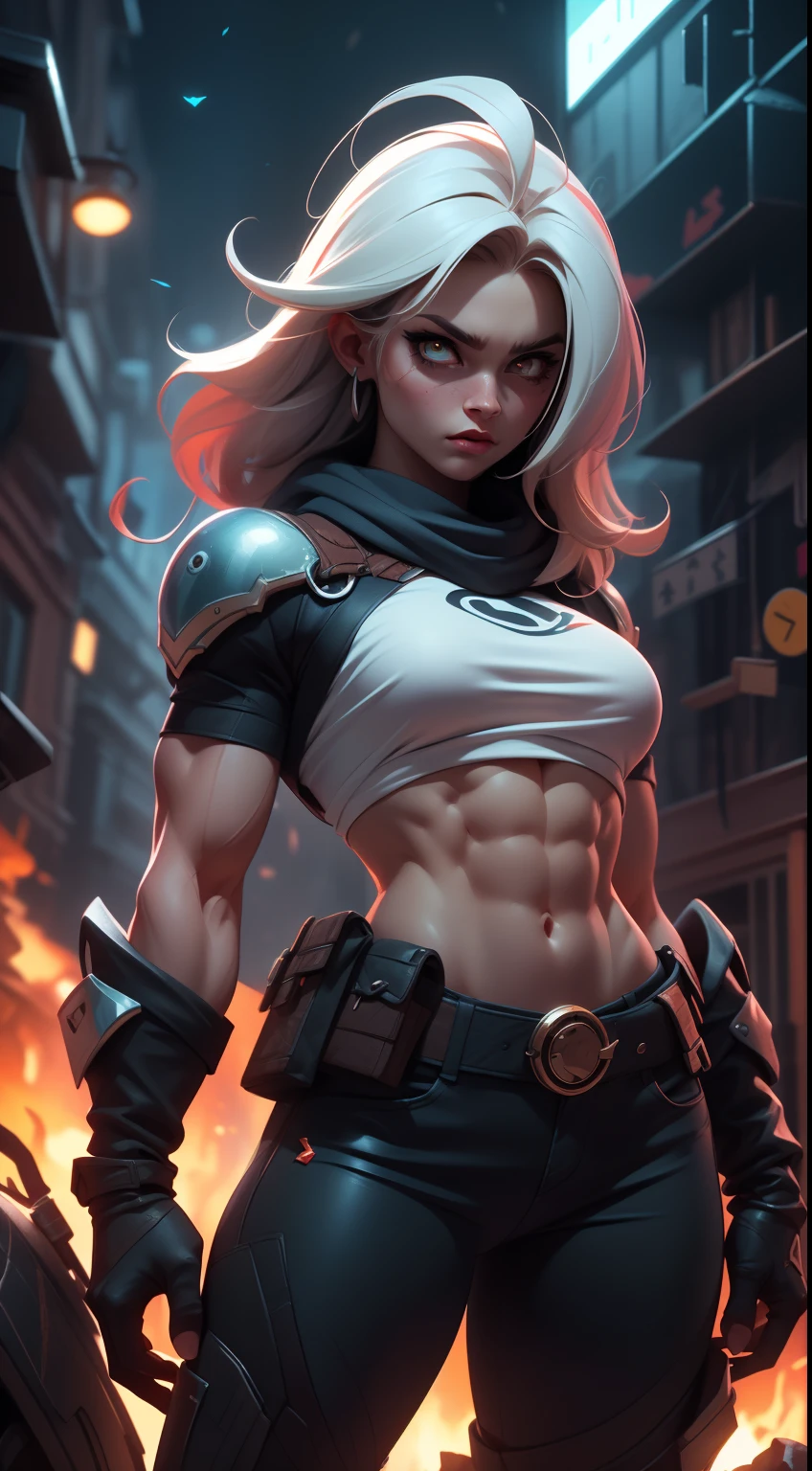 Avril Lavigne (1 girl) with (glowing blue eyes with lens flare in her eyes), a stunning face, wearing gold Armor like those from Zodiac Knights cartoon, perfect breasts, well-endowed, 8-pack abs, muscular legs, perky glutes, round glutes, muscular glutes, feminine, very large breasts, perfect body, perfect proportions, feminine and muscular, bodybuilder physique, armor is very shiny and creates light reflections and lens flares, the armor is made of glossy futuristic plastic, fireball lighting her face, bright fire eyes, hot fire goddess, she has fire powers,fire eyes, with fire, firey, masterpiece, best quality, ultra-detailed, very detailed illustrations, extremely detailed, intricate details, highres, super complex details, floating over the ocean in the evening, complete body in view, full-length shot, full shot